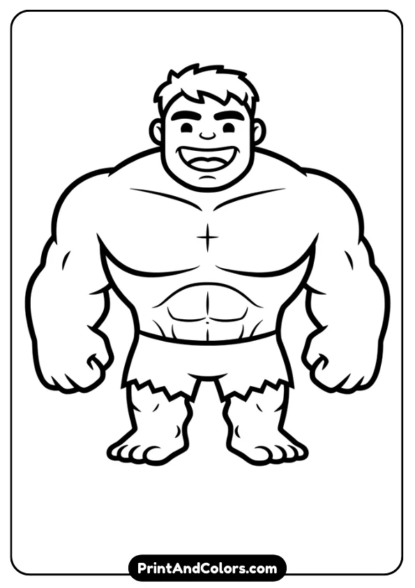 Very simple cartoon Hulk standing and smiling, rounded shapes, minimal details, bold outlines, no background