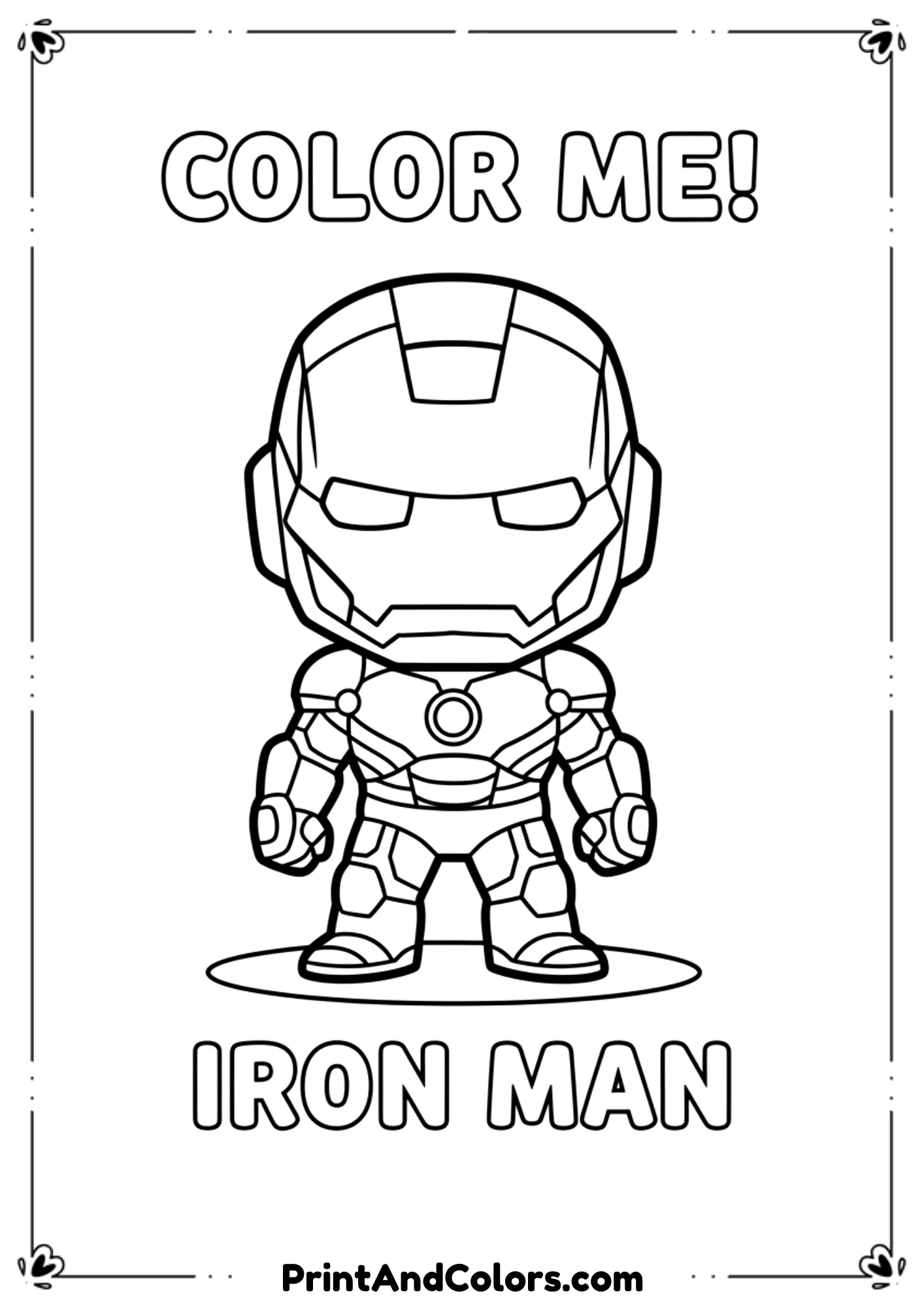 Simple black and white line drawing of Iron Man in a standing pose, minimal details for kids to color easily.
