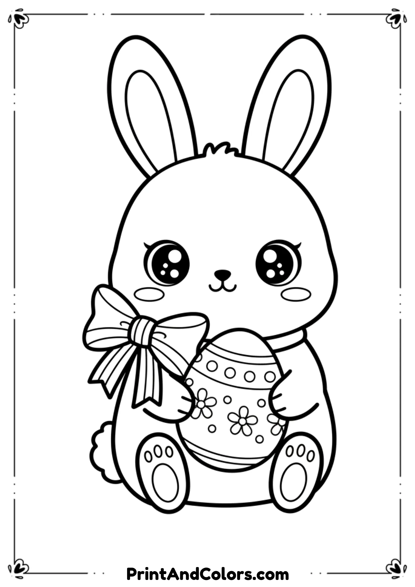  Cute kawaii-style bunny with round eyes and a bow around its neck, holding an egg.
