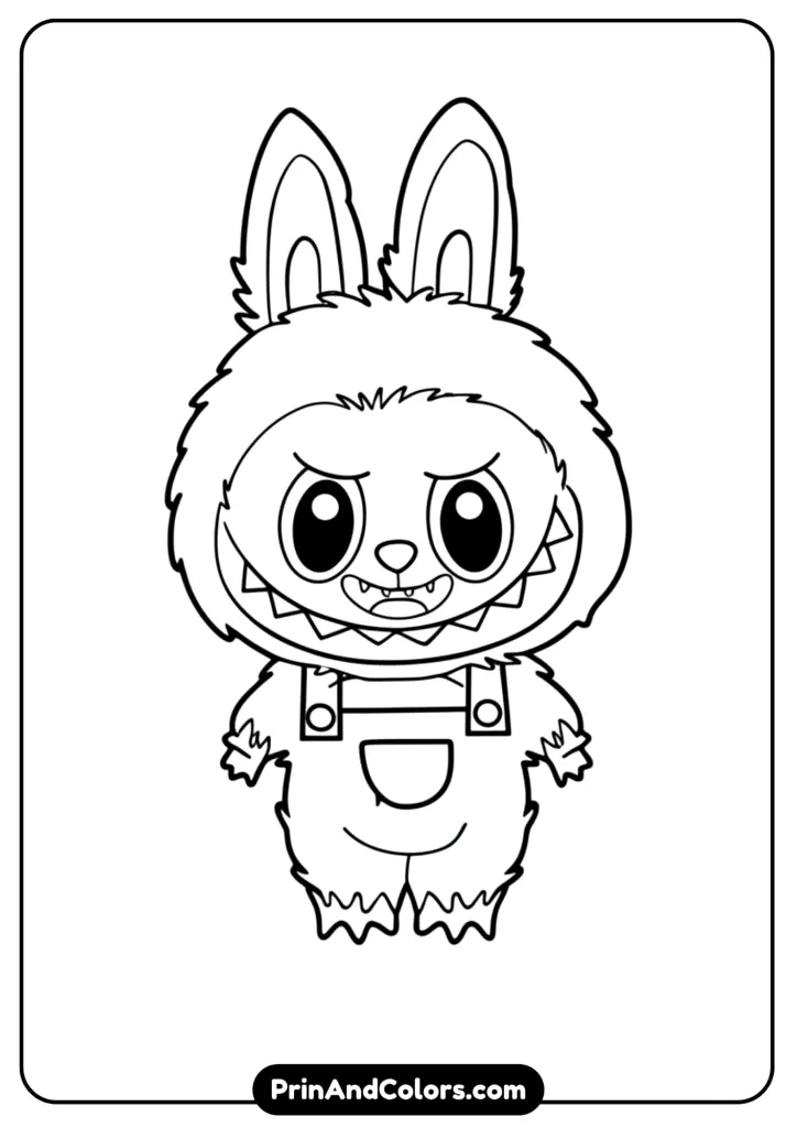 Simple line drawing of Labubu wearing overalls and smiling, designed for kids.