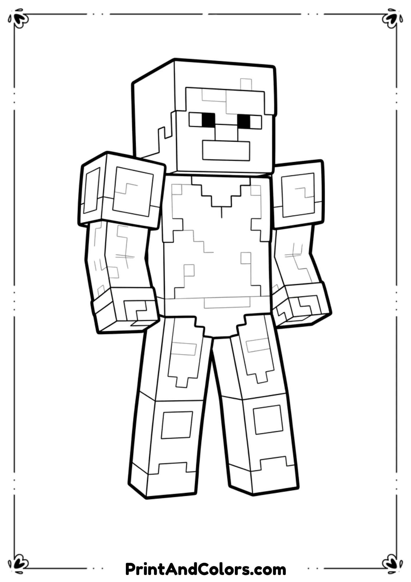  Black and white line art of Minecraft Steve wearing diamond armor, simplified armor details, friendly pose, bold outlines, no shading, printable coloring page for kids.

