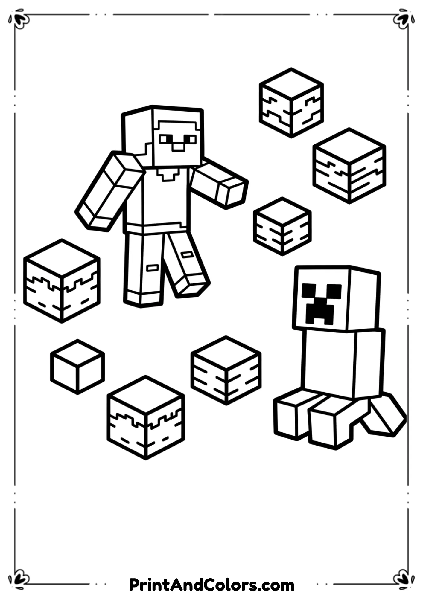  Black and white line art of easy Minecraft shapes including Steve, Creeper, and blocks, large simple outlines, minimal details, no shading, printable coloring page for beginners.