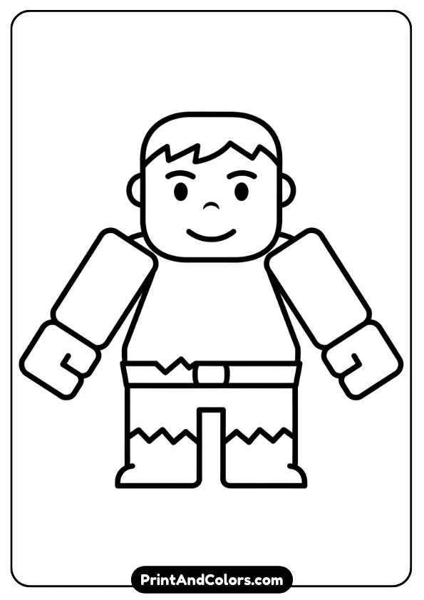Super simple outline of Hulk using basic shapes, smiling face, minimal lines, perfect for toddlers and young kids.