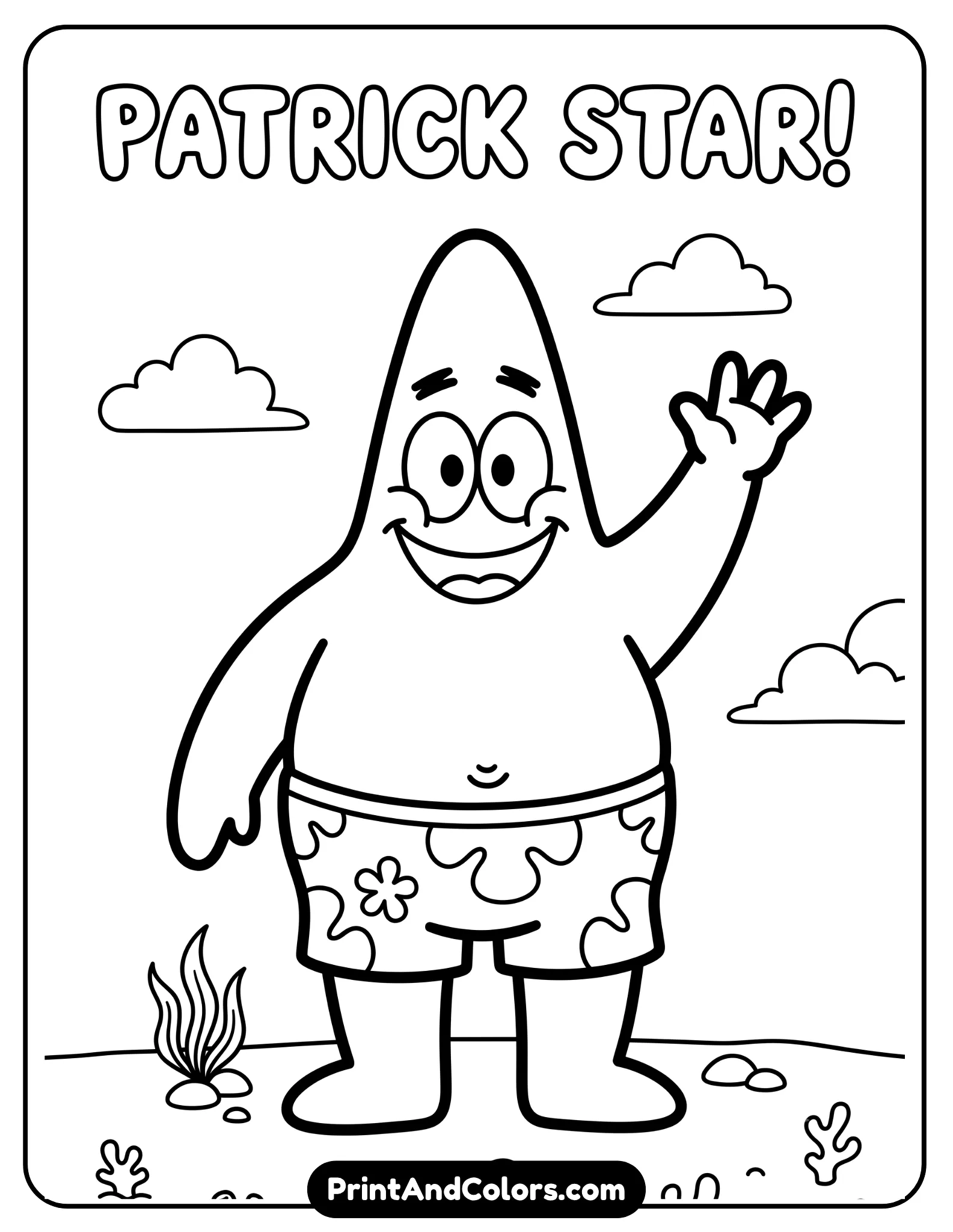 Simple black and white outline coloring page of Patrick Star standing and waving, minimal background details, thick bold outlines for preschool children, easy coloring spaces, printable cartoon line art, no shading or complex details
