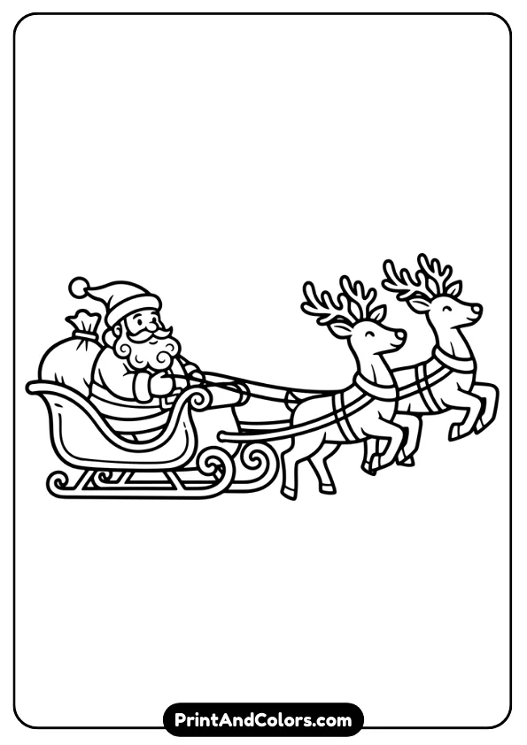 Simple line art showing Santa sitting in his sleigh. Large shapes, thick lines