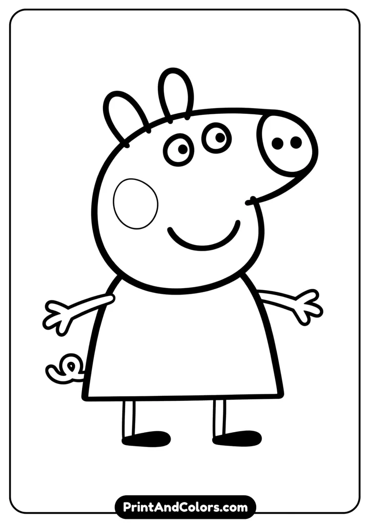 A very simple line drawing of Peppa Pig standing alone with a smile, designed with minimal details for young children to color easily.
