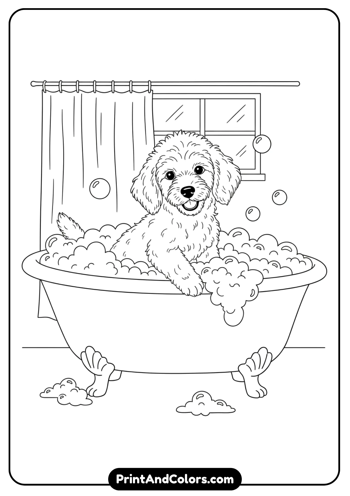 Outline drawing of a Poodle puppy sitting in a bathtub filled with bubbles. Simple black and white clean lines for coloring.