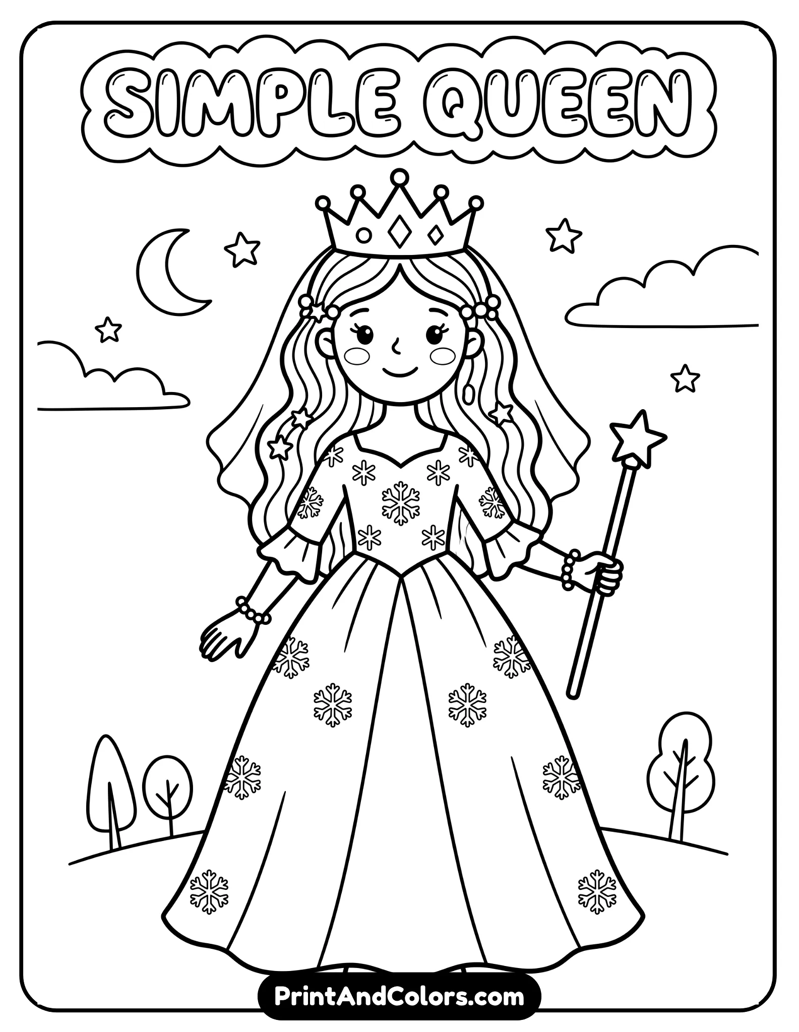 Simple princess-inspired Elsa coloring page wearing a flowing white dress with basic snowflake details, smiling gently, minimal background, bold outlines and large coloring spaces, black and white printable page designed for younger children