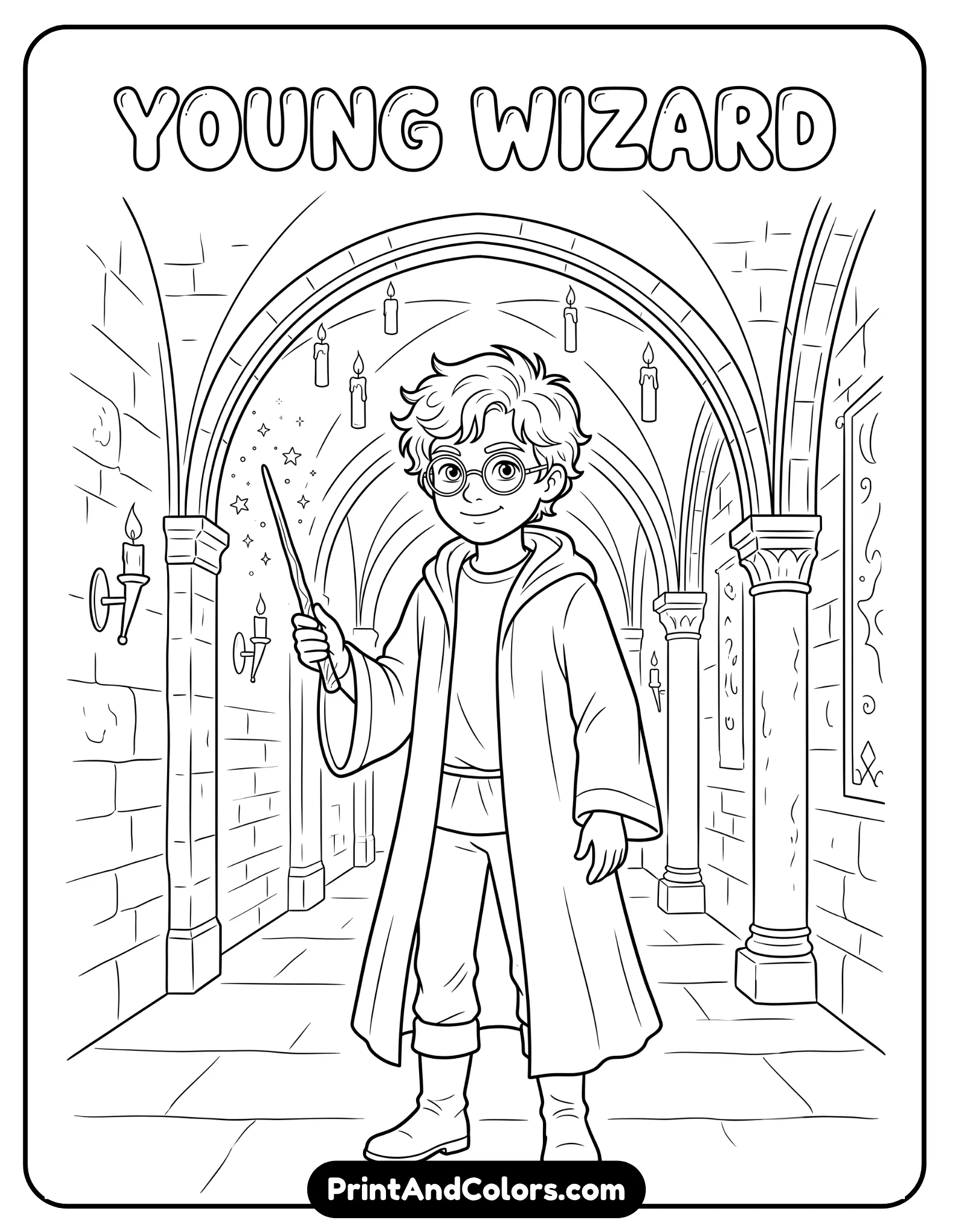 Black and white realistic-style coloring page of a young wizard with round glasses, messy hair, and a wand standing confidently in a magical school hallway. Include simple robe folds, castle arches, floating candles, and light magical sparkles. Keep outlines clean and realistic but not overly detailed, suitable for beginner colorists. Printable fantasy line art style with white background and no shading