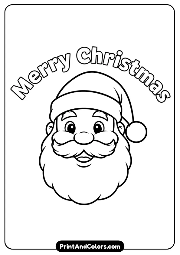 Black and white Santa face illustration with bold “Merry Christmas” text above or below. Simple and friendly lines