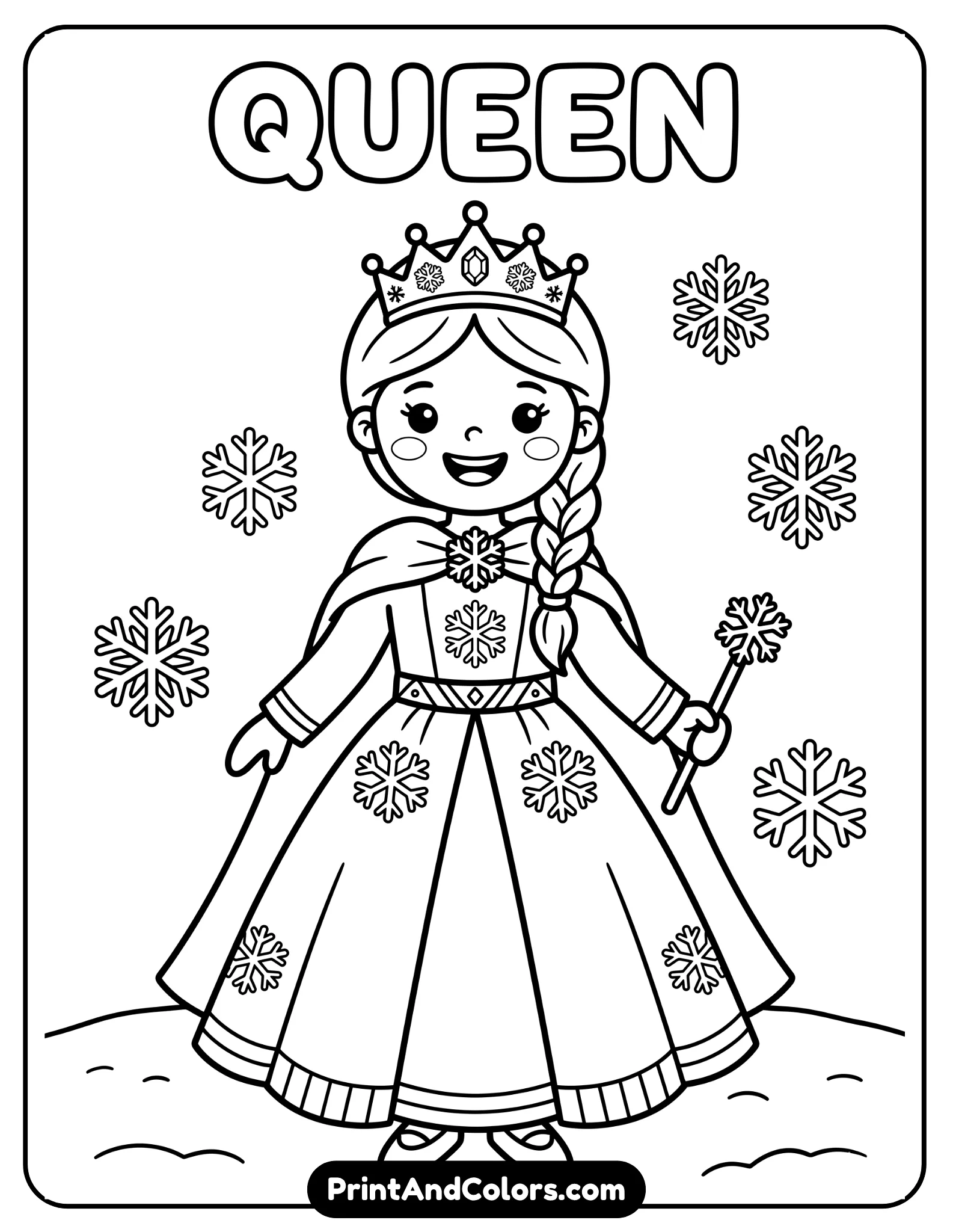 Easy black and white printable outline of a smiling Elsa-inspired princess character, simple braid hairstyle, basic winter dress, large easy-to-color spaces, minimal snowflake decorations, bold clean outlines for toddlers and preschoolers.