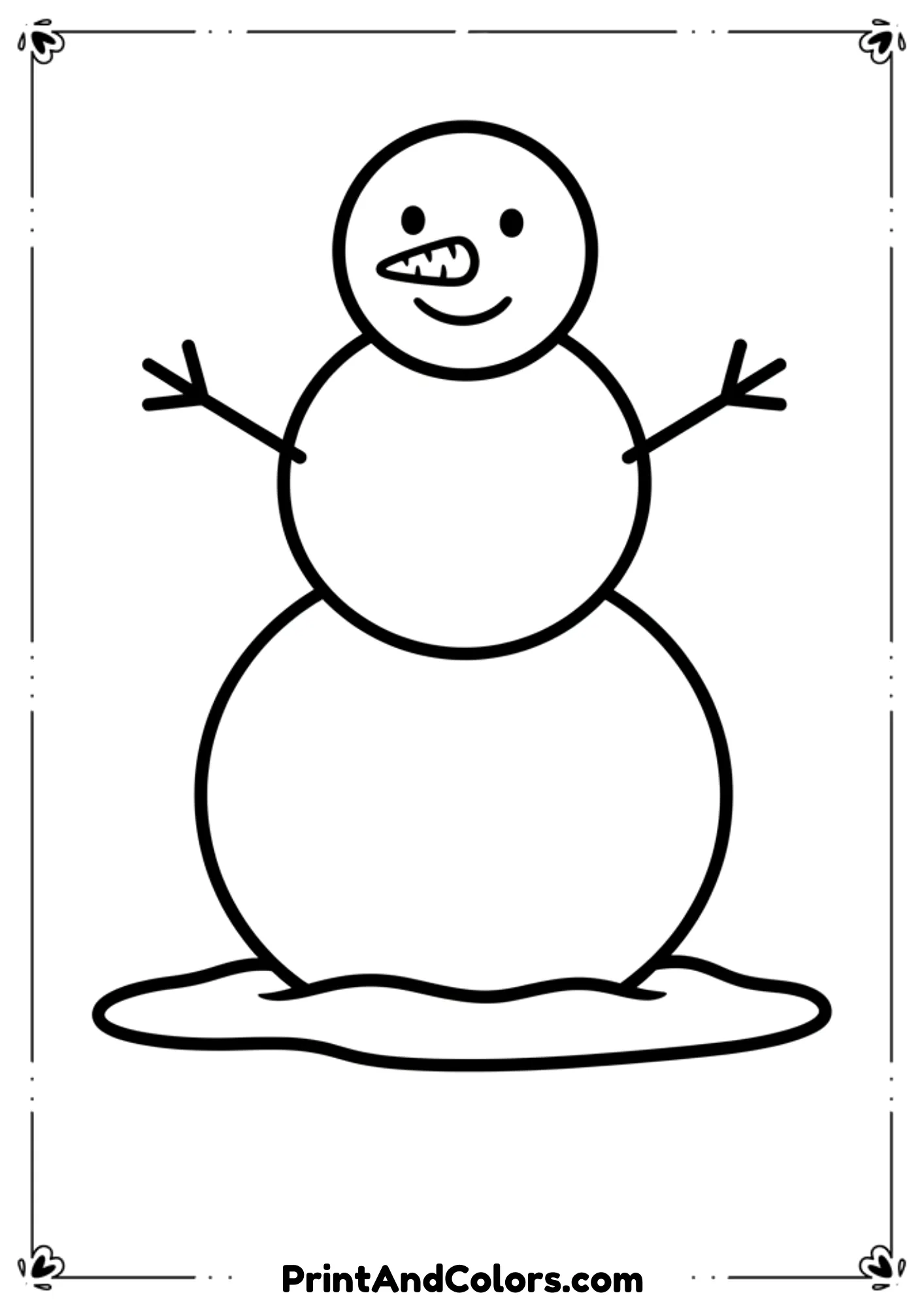 Very simple snowman with large body circles, basic stick arms, tiny nose, and minimal detail. Big open areas for easy coloring.
