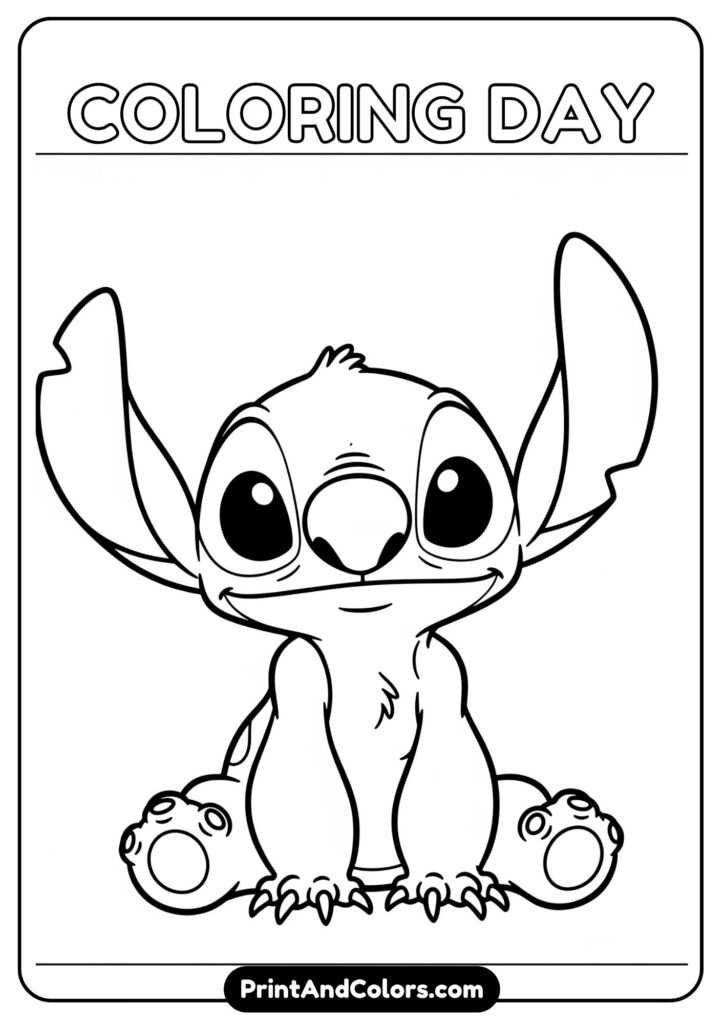 Basic Stitch sitting pose with clean outlines for beginner coloring best for coloring day