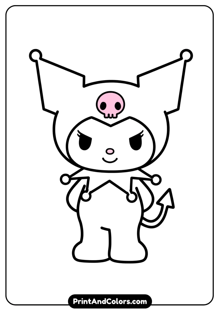 Simple black and white line art of Kuromi in a standing pose, clean bold outlines, no complex background, specially designed for easy coloring by beginners and kids