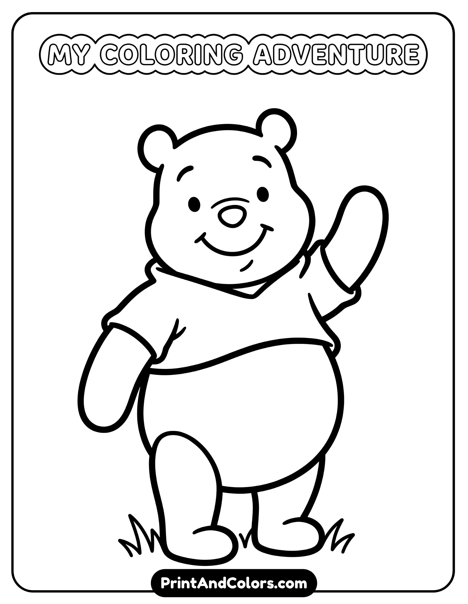 Very simple black and white outline drawing of Winnie the Pooh standing and waving, minimal details, thick bold lines, large open areas for toddlers and preschoolers to color, plain background, beginner-friendly kids coloring page design