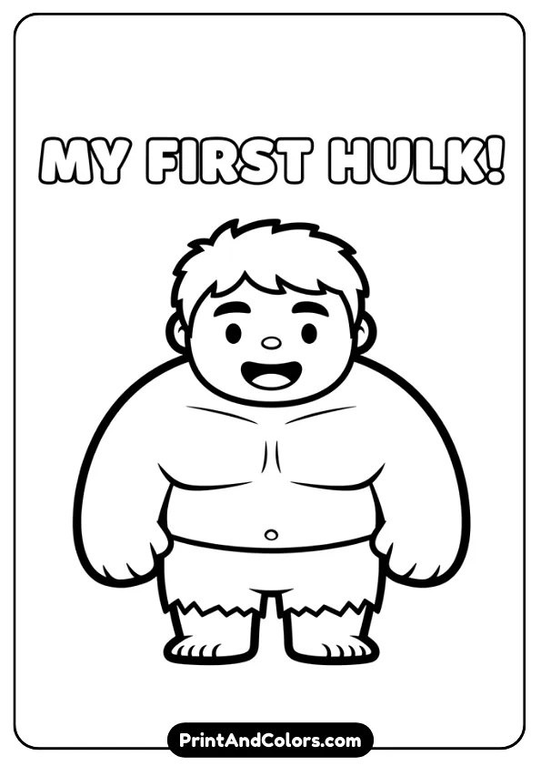 Easy beginner-level Hulk with soft shapes, smiling face, minimal details, bold thick lines for easy coloring