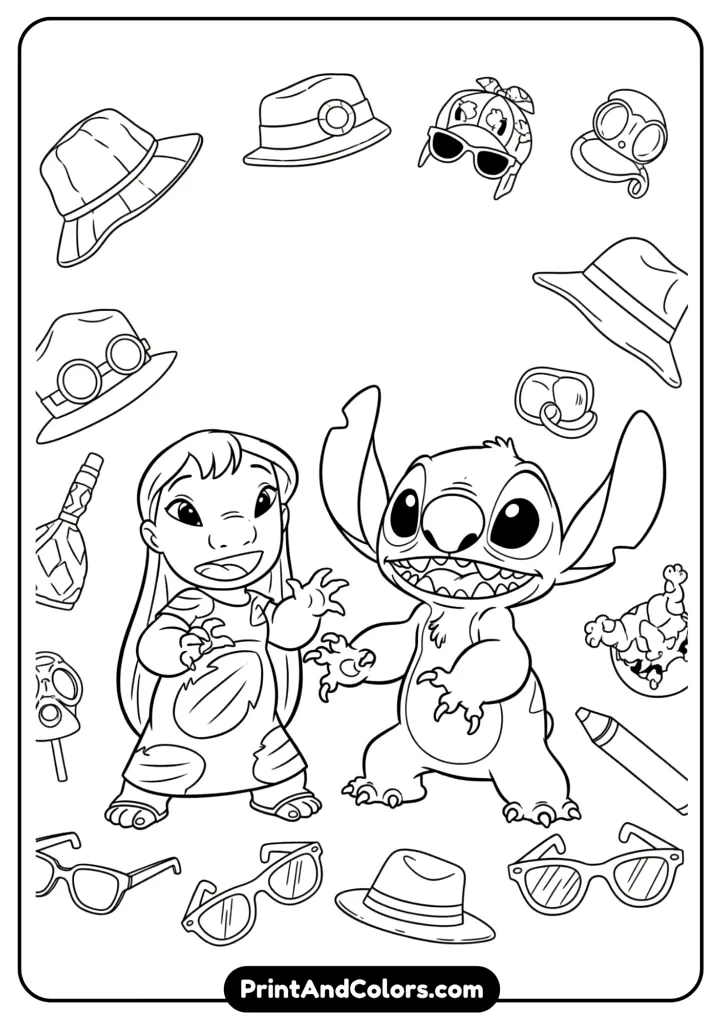 Lilo and Stitch in a blank whiteboard scene with editable name tags and customizable accessories like hats and props