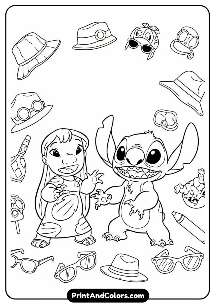 Lilo and Stitch in a blank whiteboard scene with editable name tags and customizable accessories like hats and props