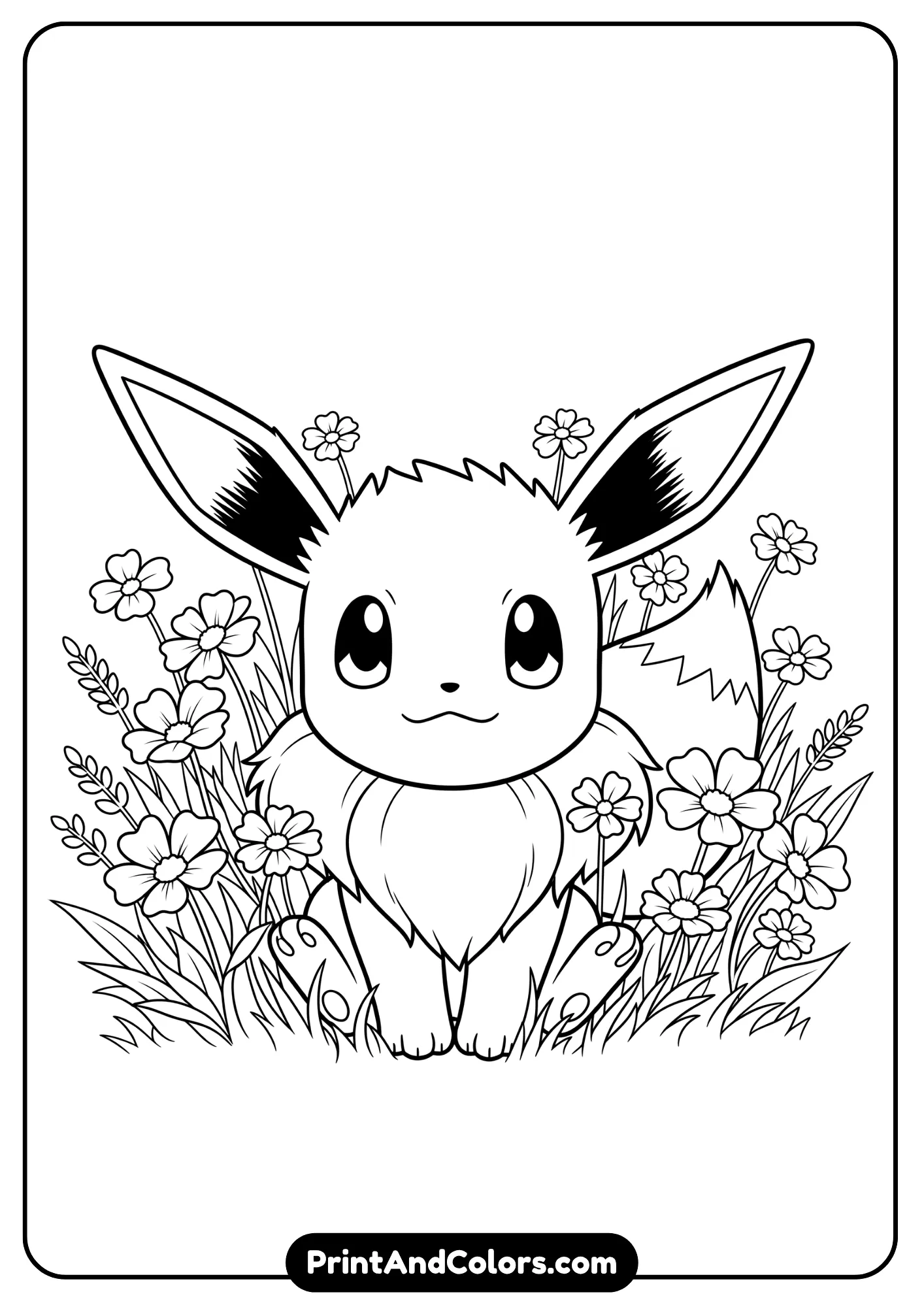 Eevee in wildflowers – adorable and easy coloring page.
