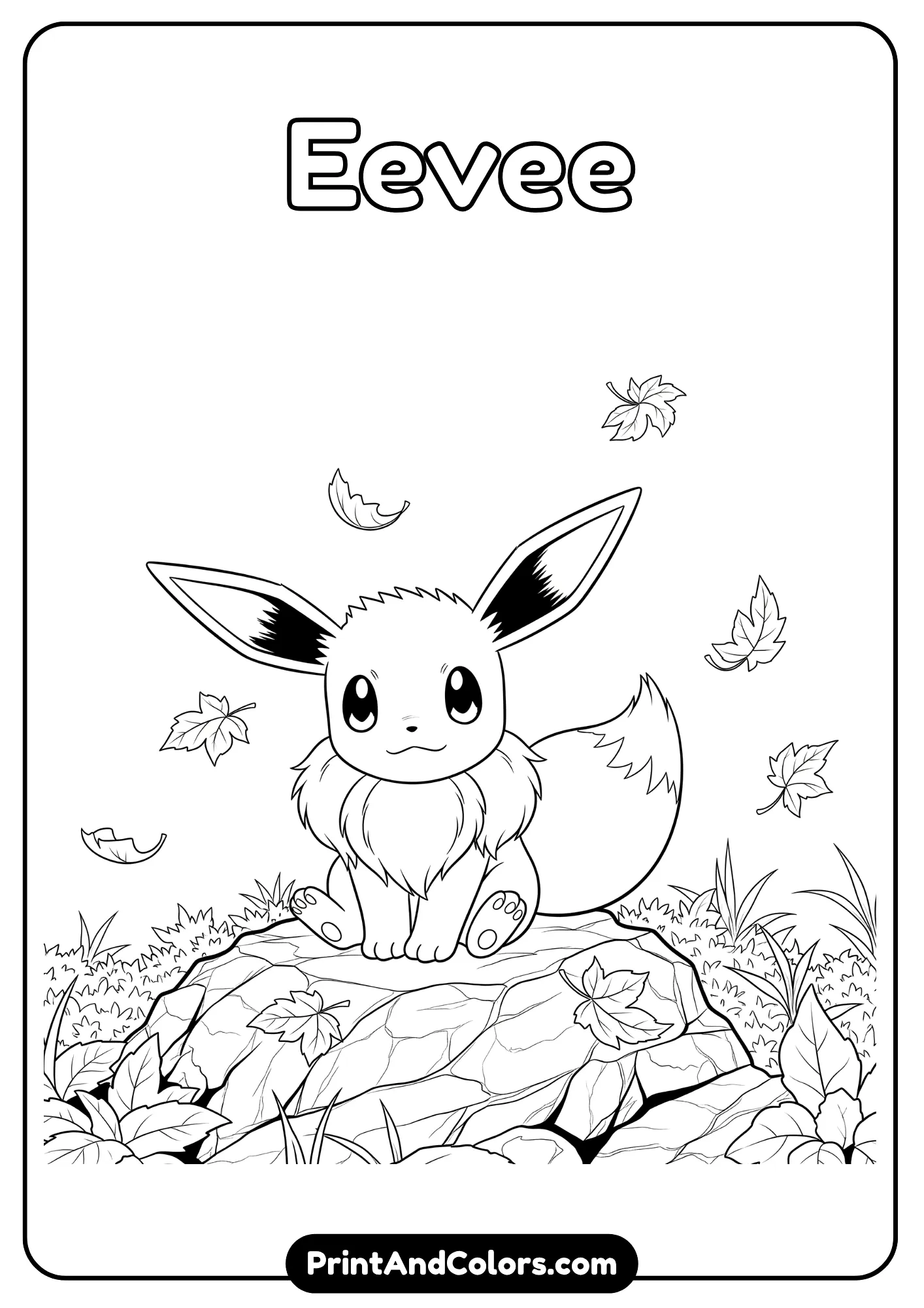 Peaceful Eevee with leaf decorations, coloring page version