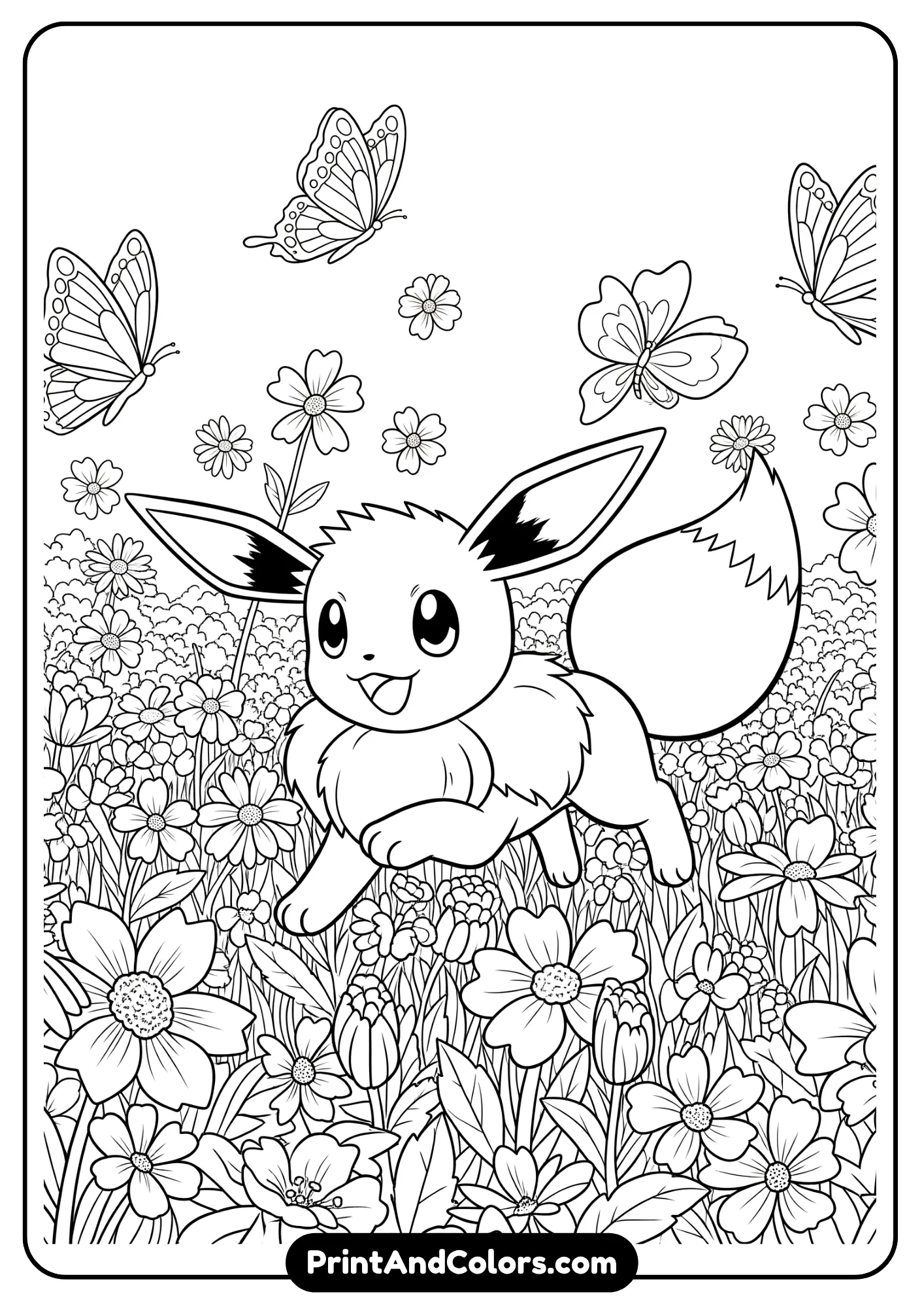 Eevee in a flower field with butterflies, cute black-and-white