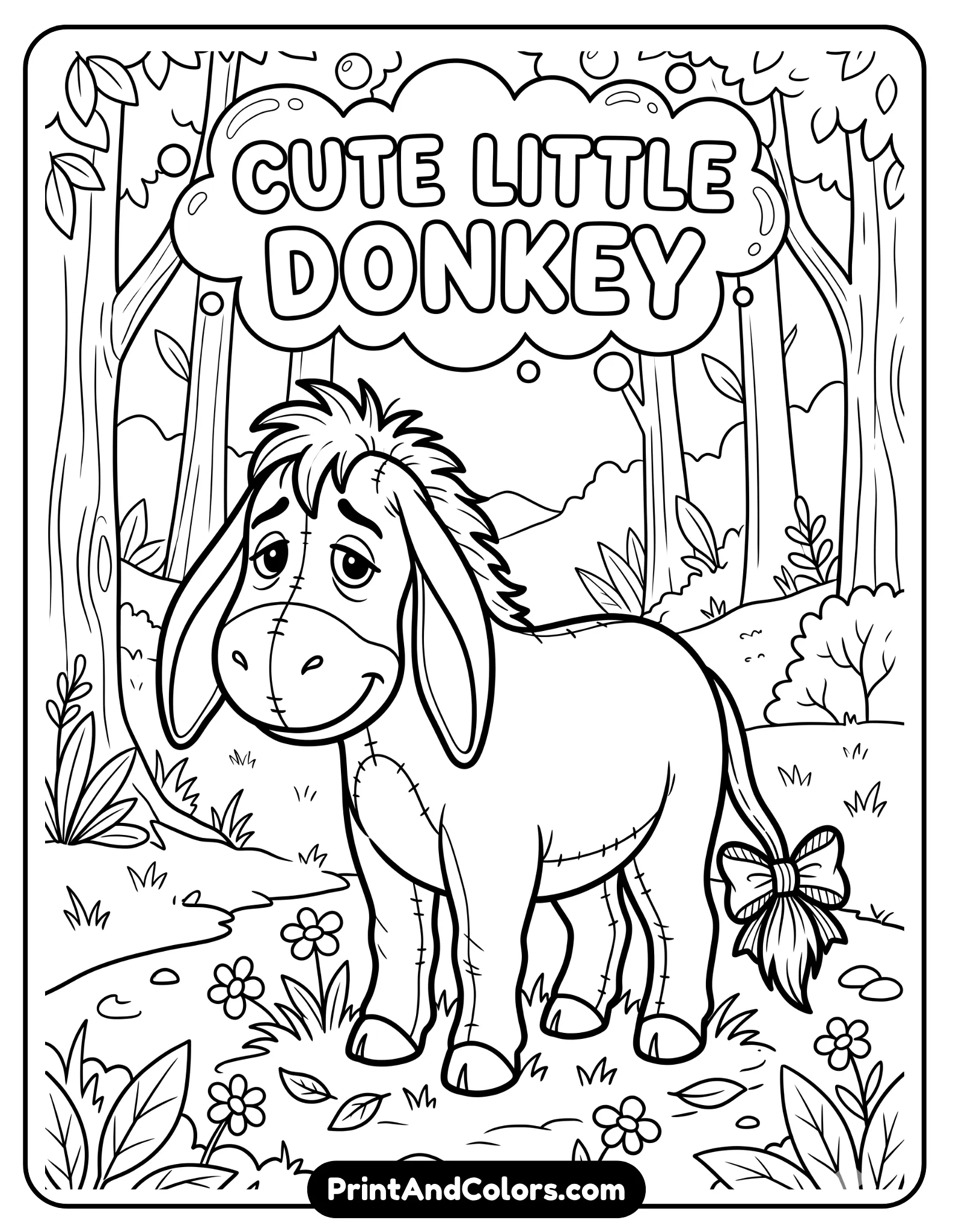 Black and white line art coloring page of Eeyore standing with his gentle sad smile, long ears hanging down, tail with bow attached, grassy forest background, simple cartoon illustration style with thick outlines