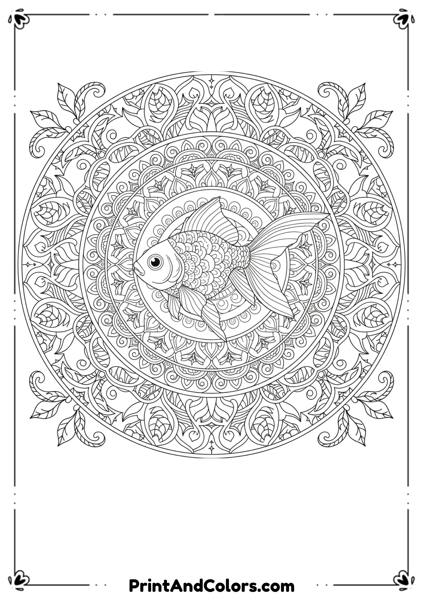 Goldfish surrounded by mandala circles, leafy decorations, and ornamental lines. Highly detailed symmetrical outlines.