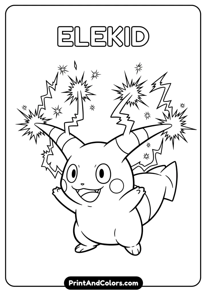 Elekid shooting sparks – cute electric Pokemon coloring page.