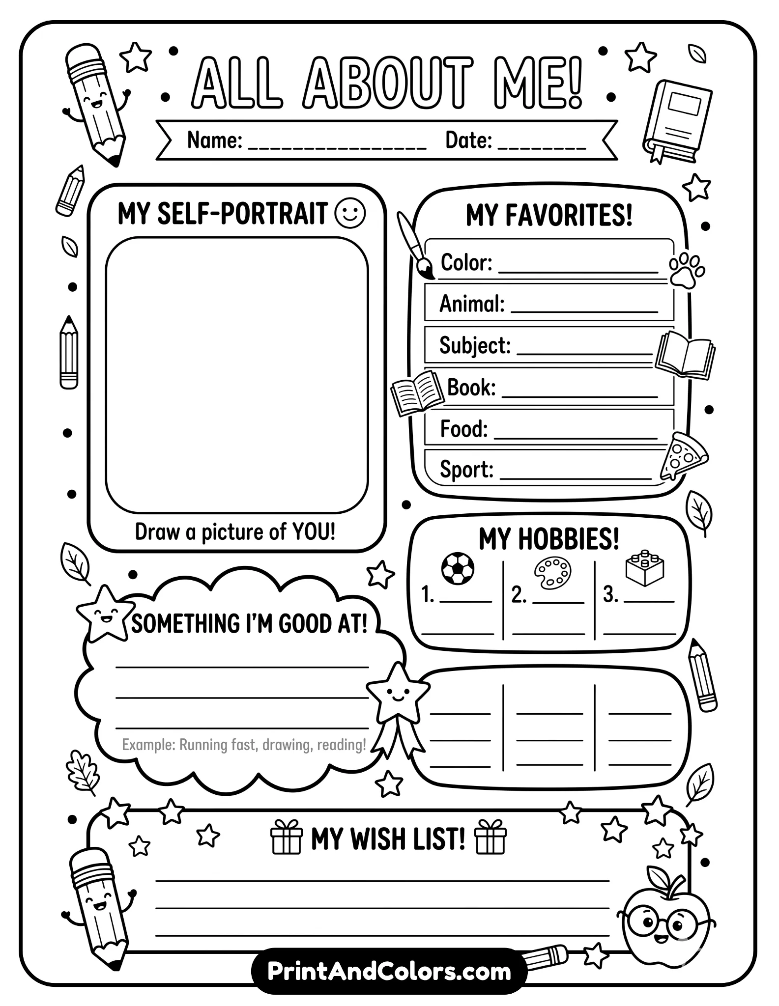 black-and-white elementary worksheet with balanced writing lines and illustrations like pencils, stars, and books. Include prompts for favorites, hobbies, and a self-portrait box. Bold outlines, no shading