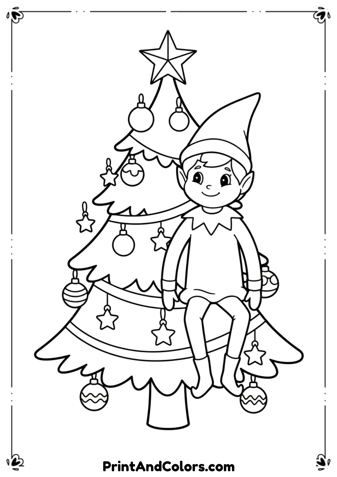  Cute Elf on the Shelf sitting beside or on a decorated Christmas tree, friendly expression, simple cartoon lines, ornaments, and star on tree. Clean kid-safe line-art.
