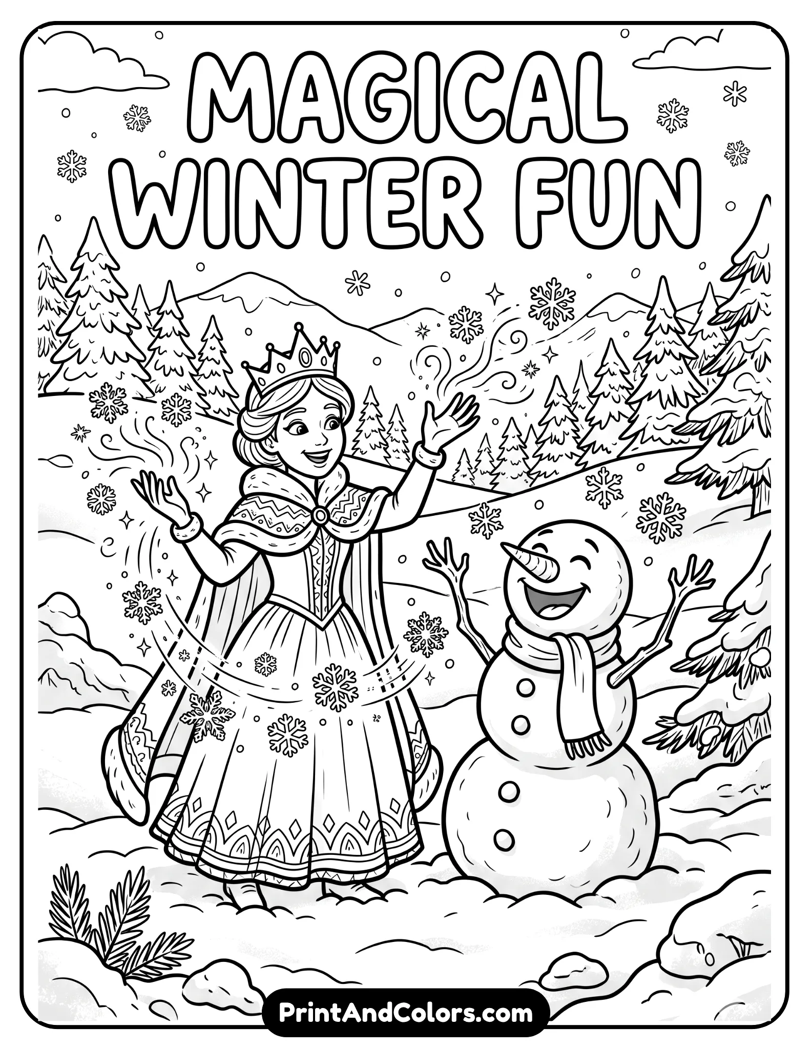 Elsa and Olaf playing together in deep snow, Olaf laughing while Elsa creates snowflakes with magic, snowy hills and pine trees behind them, cheerful winter atmosphere, black and white printable coloring page with bold detailed outlines