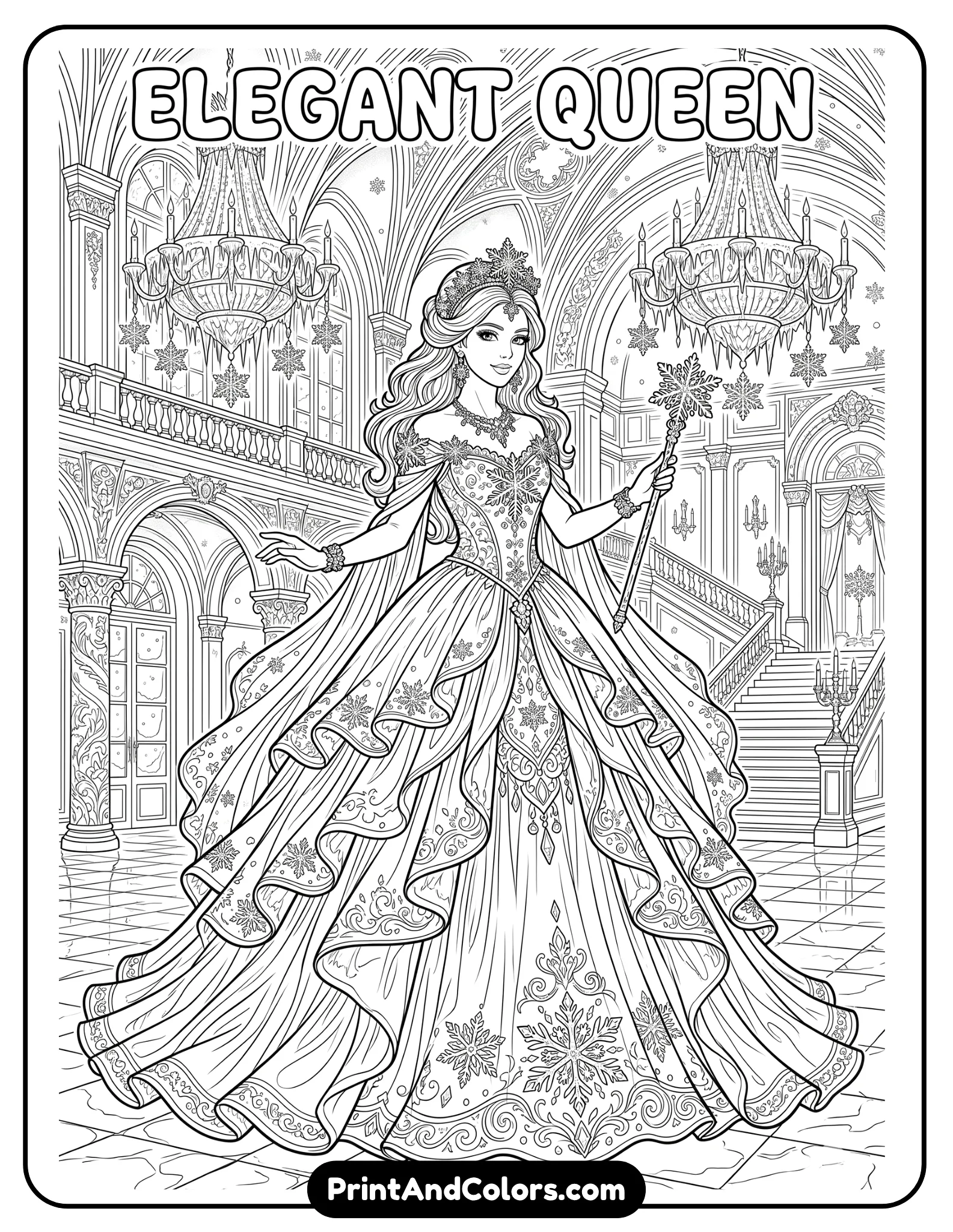 Elegant Elsa coloring page in a beautiful royal ballgown with flowing layered fabric and snowflake decorations, standing in a grand ballroom with icy chandeliers, intricate black and white line art, printable coloring book style, detailed dress patterns and graceful pose.