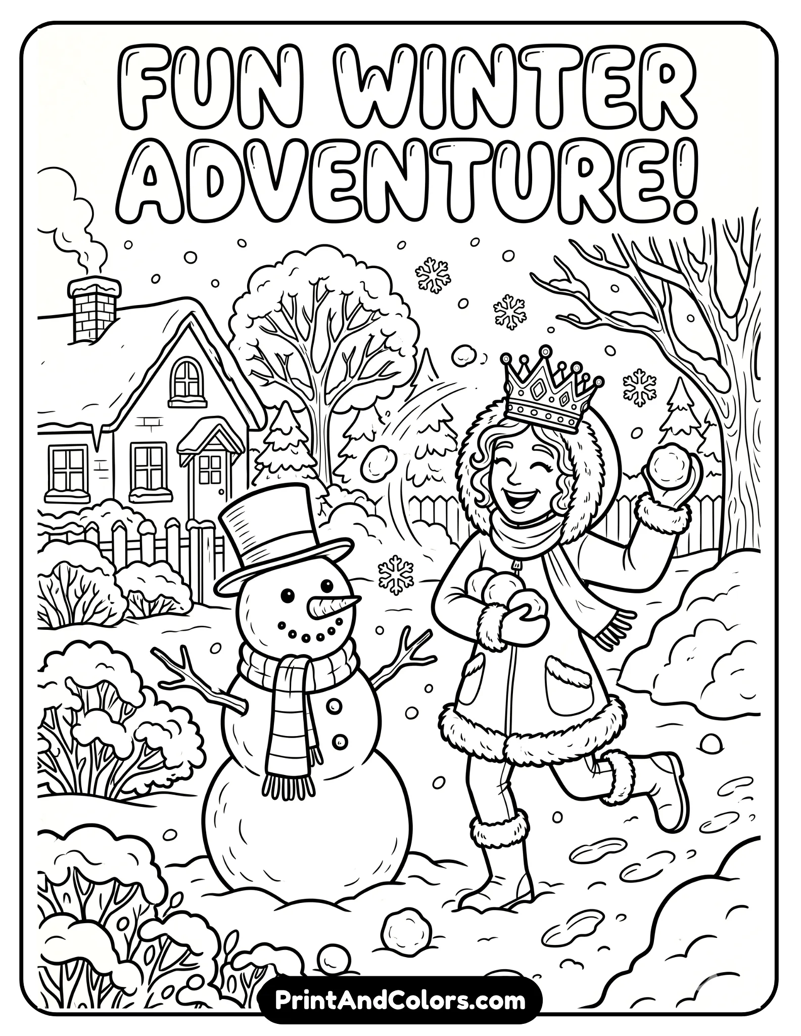 Fun black and white coloring page of Elsa building a snowman while playfully throwing snowballs, snowy backyard scene with trees and snow piles, cheerful expression, dynamic winter activity, printable coloring book line art with bold outlines