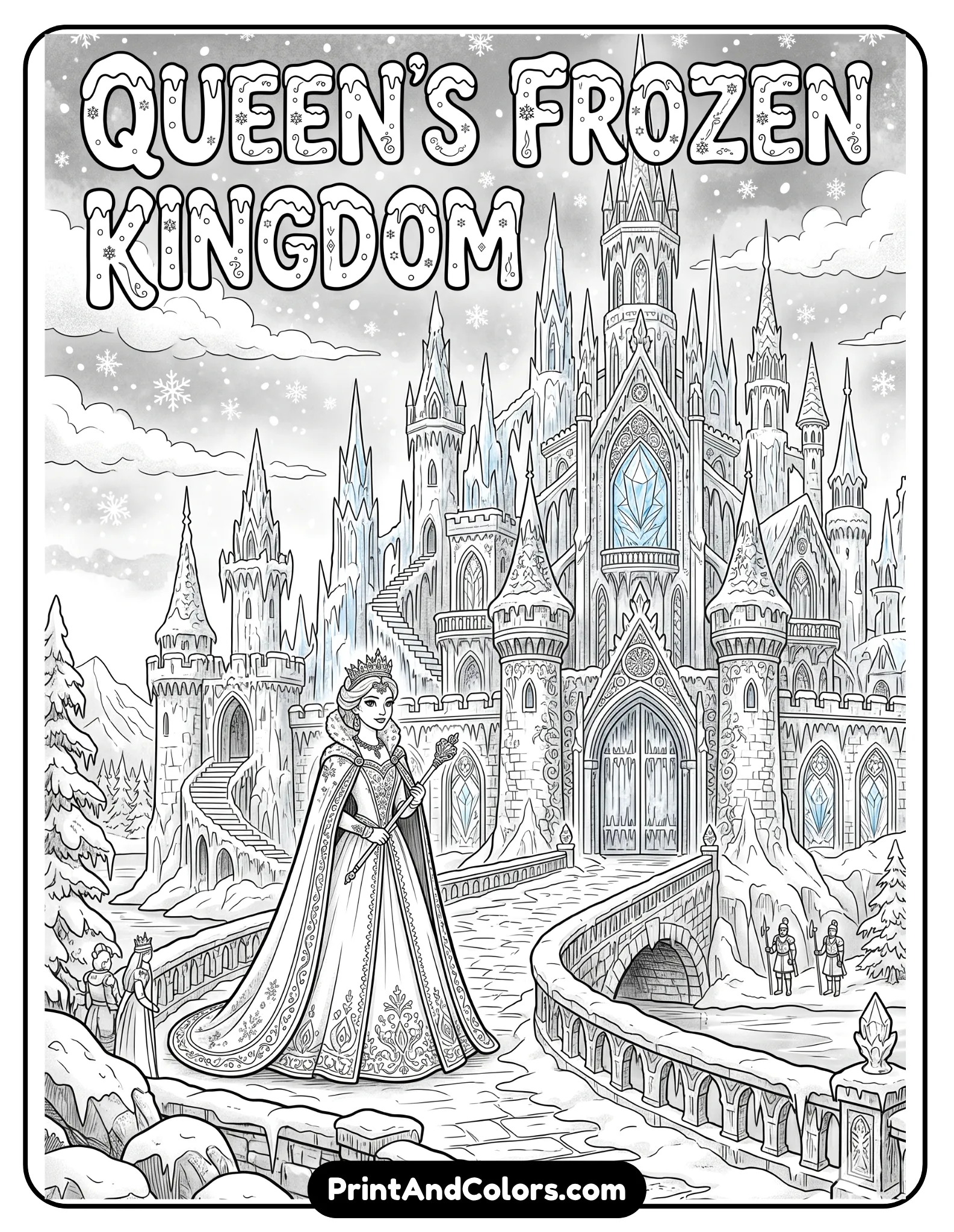 Elsa standing in front of a giant frozen castle with tall icy towers, snowy bridge and magical crystal windows, winter sky filled with snowflakes, black and white printable coloring page with highly detailed fantasy architecture and clean outlines