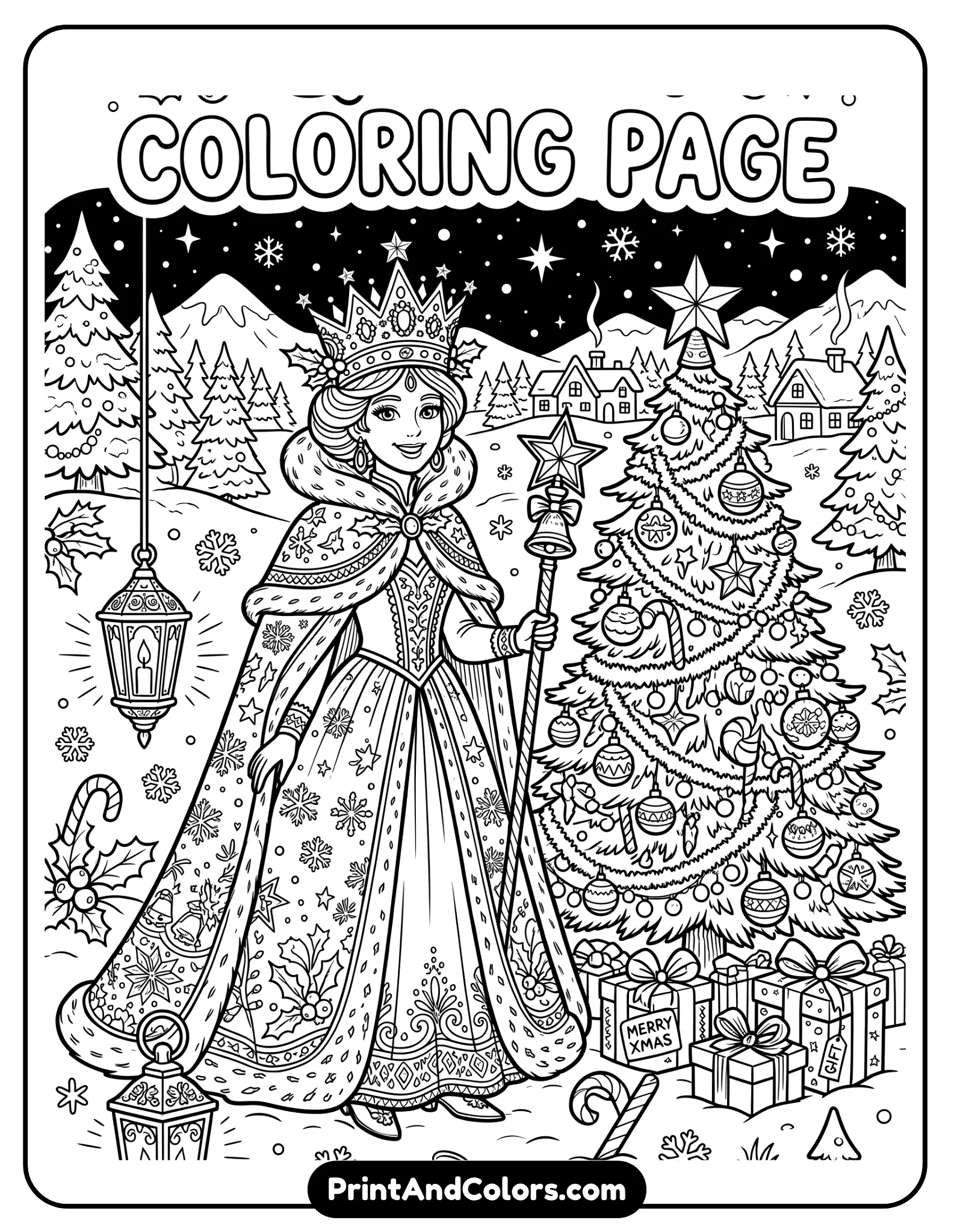 Christmas-themed Elsa coloring page in black and white line art, Elsa wearing a winter holiday cape beside a decorated Christmas tree, gifts, snowflakes, candy canes, and glowing lanterns around her, festive snowy background, printable coloring book style with detailed outlines