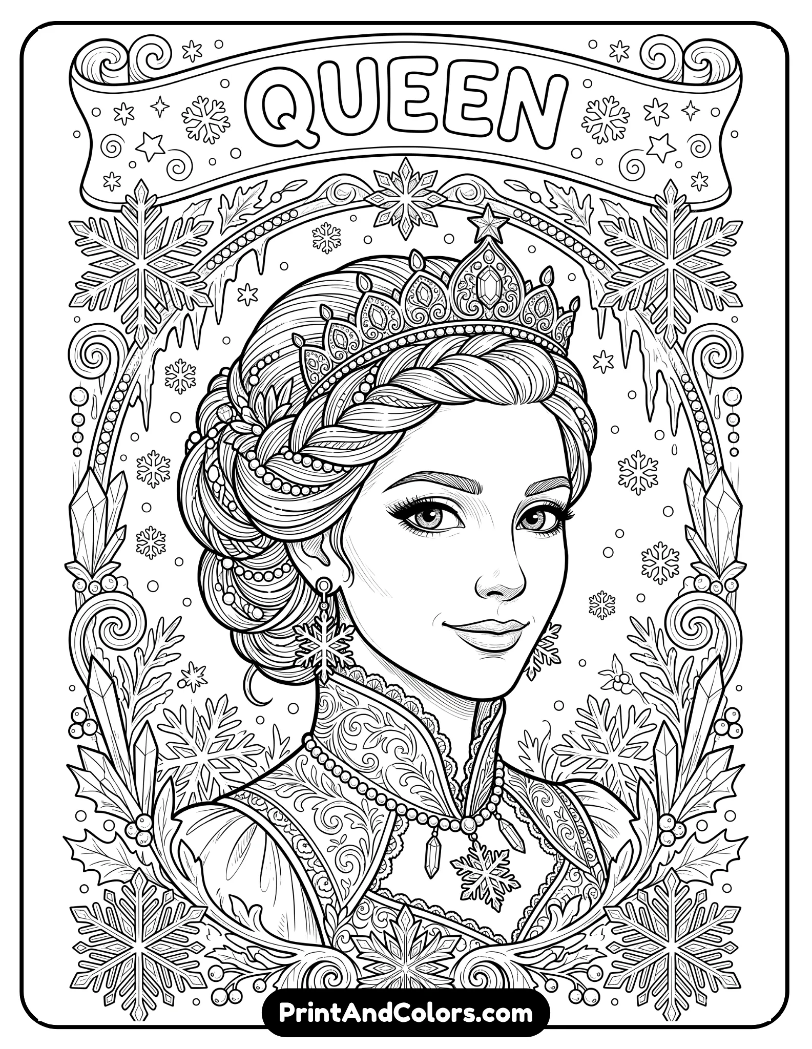Detailed black and white close-up portrait coloring page of Elsa’s face, elegant braid hairstyle, expressive eyes, snowflake earrings, gentle smile, decorative icy frame surrounding the portrait, printable coloring book line art with crisp clean outlines