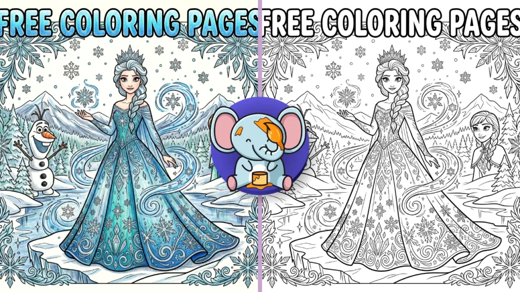 Feature image for Elsa coloring pages showing Elsa with Anna, Olaf, snowflakes, and a magical frozen castle in black and white line art.