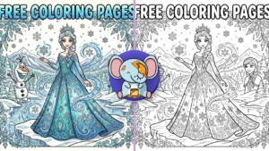 Feature image for Elsa coloring pages showing Elsa with Anna, Olaf, snowflakes, and a magical frozen castle in black and white line art.