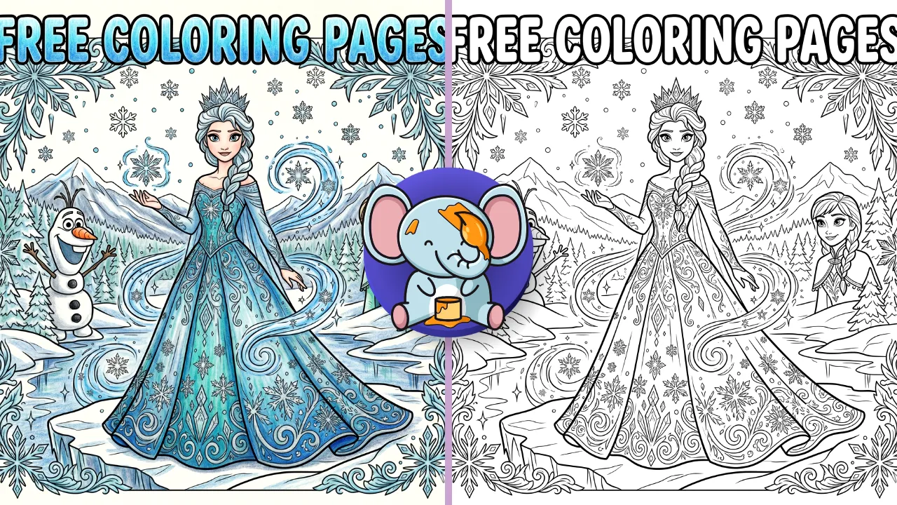 Feature image for Elsa coloring pages showing Elsa with Anna, Olaf, snowflakes, and a magical frozen castle in black and white line art.