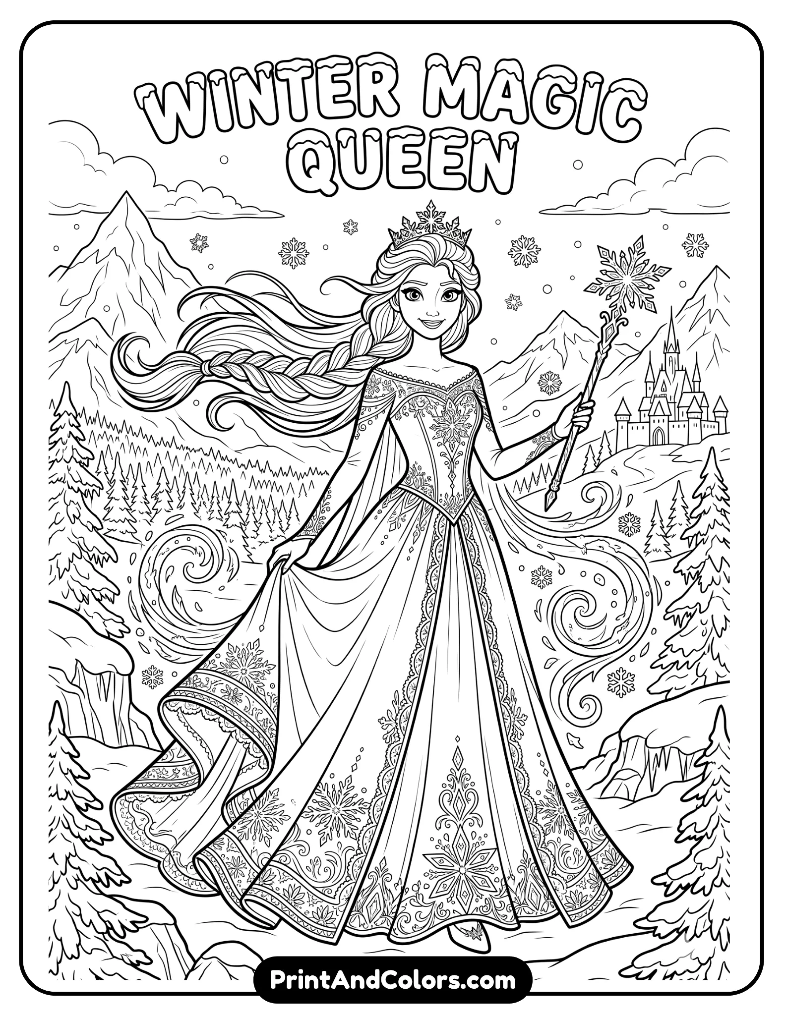 Black and white line art coloring page of Elsa standing gracefully in a snowy winter landscape, wearing a flowing ice gown with detailed snowflake patterns, long braided hair blowing in the wind, magical ice crystals surrounding her, mountains and frozen trees in the background, clean bold outlines, printable coloring book style, highly detailed but kid-friendly, no shading, white background, fantasy winter theme