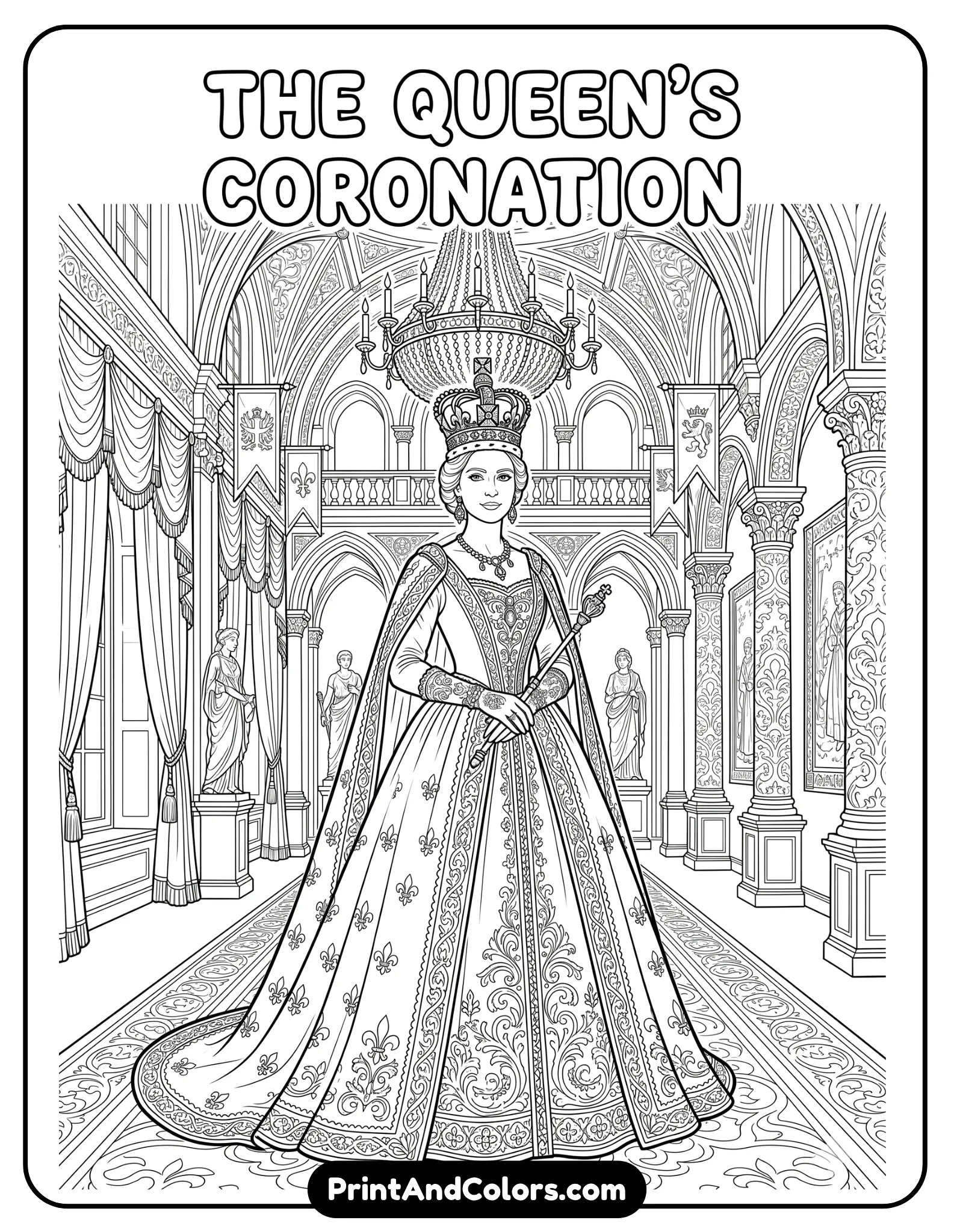 Black and white coloring page of Elsa wearing her coronation dress and royal gloves, standing proudly inside a grand palace hall, elegant crown on her head, detailed royal decorations, chandeliers and curtains in the background, printable coloring book line art with intricate outlines