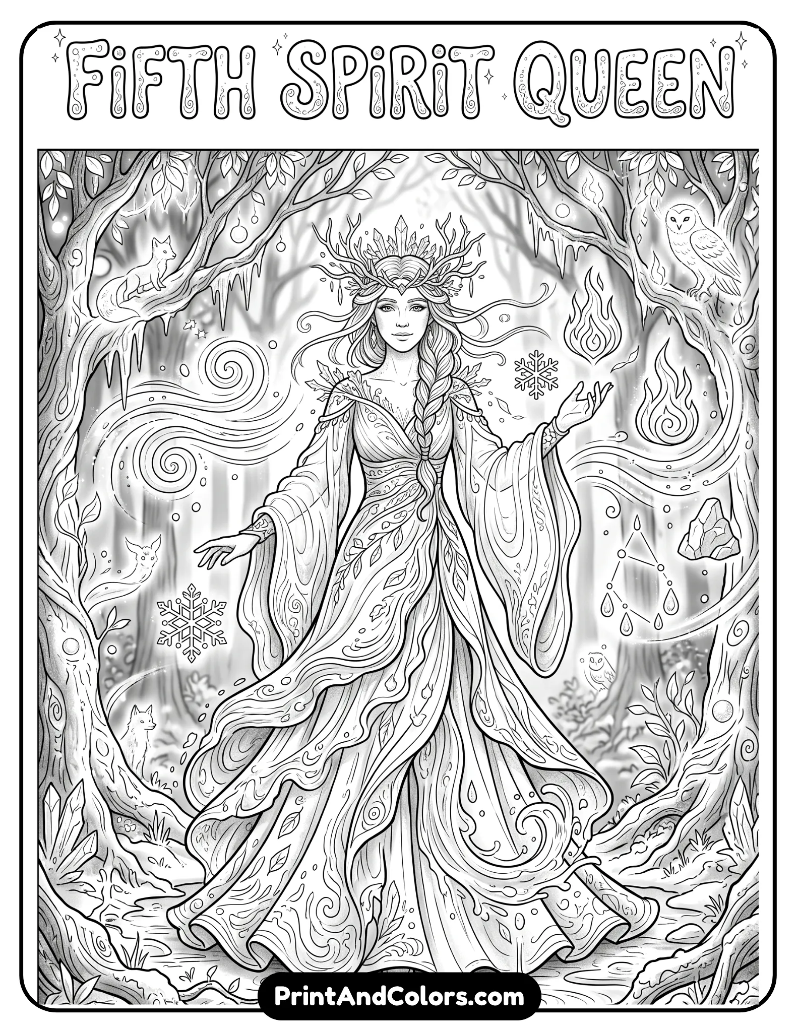 Black and white coloring page of Elsa as the Fifth Spirit, standing in a magical glowing forest with elemental symbols around her, flowing spirit dress, wind and snow effects, enchanted atmosphere, intricate fantasy line art for printable coloring books, detailed clean outlines