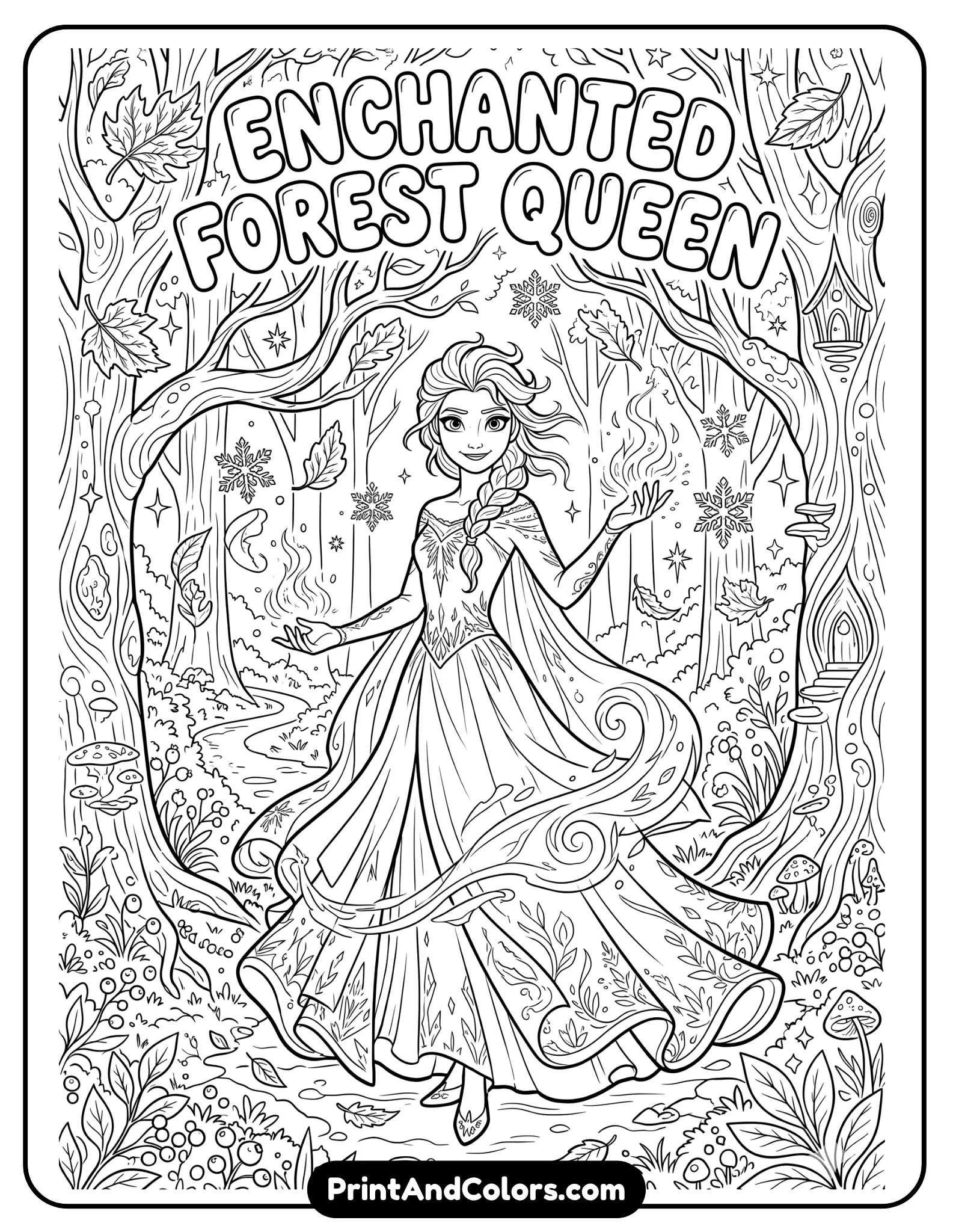 Frozen 2 inspired Elsa standing confidently in a magical enchanted forest, flowing spirit dress, wind-blown braid, glowing icy magic effects in black and white outlines, autumn leaves mixed with snowflakes, fantasy atmosphere, highly detailed printable coloring page, clean line art