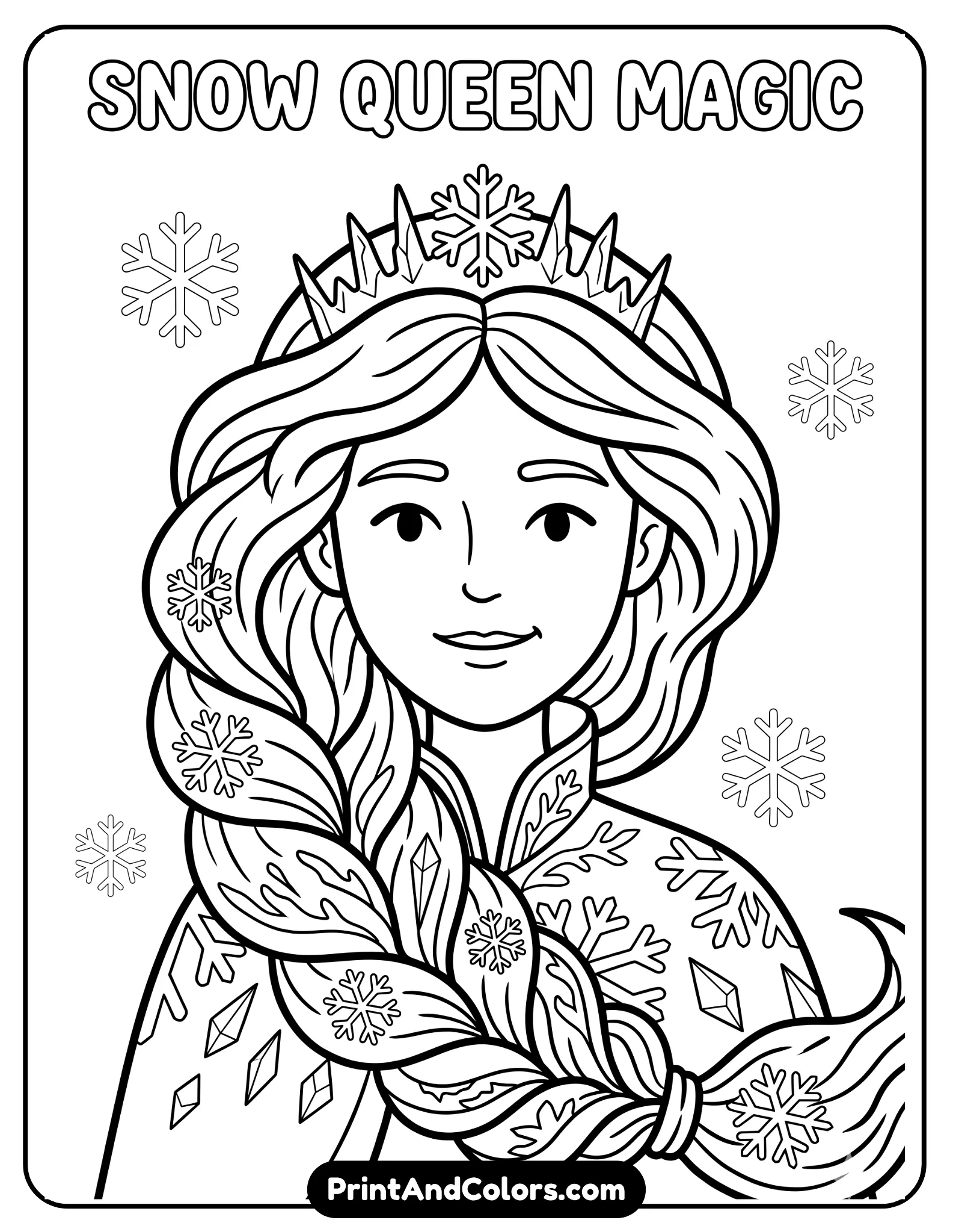 Close-up black and white coloring page focusing on Elsa’s long braided hair, decorated with snowflakes and icy accessories, simple facial expression and easy outlines for children, printable coloring book design with thick clean lines and minimal background