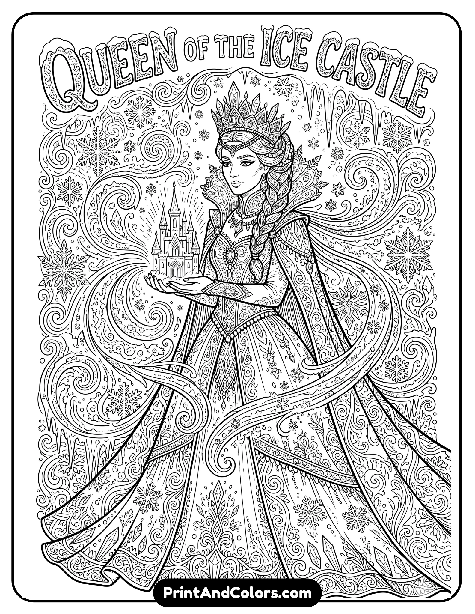 Intricate black and white coloring page of Elsa magically holding a miniature glowing ice castle in her hands, swirling icy magic around her, detailed winter gown, snowflake background, fantasy adult coloring book style with complex line art and decorative frozen patterns