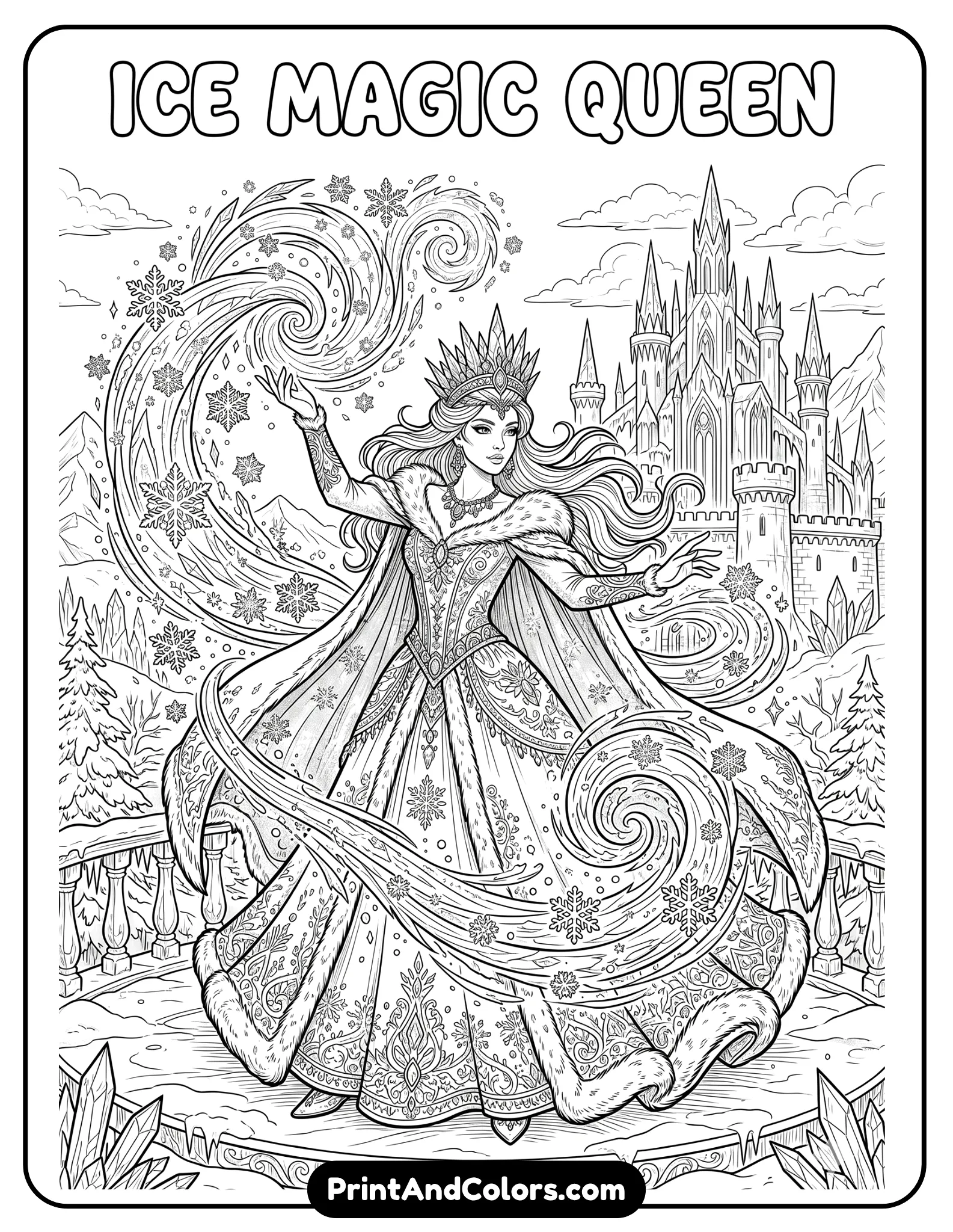 Detailed coloring page of Elsa creating powerful ice magic with glowing snowflakes forming around her hands, icy swirls and frozen patterns surrounding her, elegant winter gown, frozen castle background, black and white line art, printable fantasy coloring page with crisp outlines