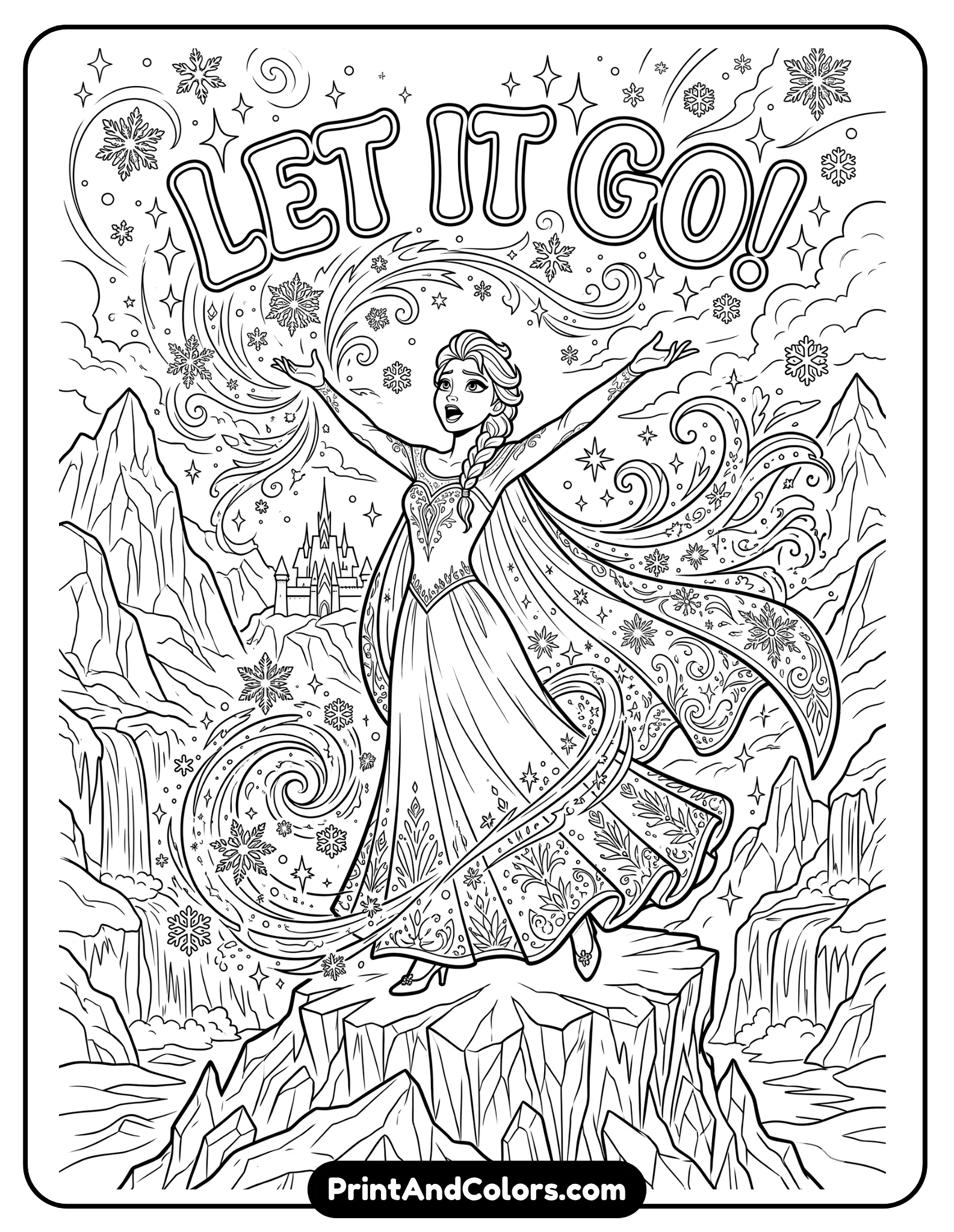Black and white coloring page inspired by Elsa singing “Let It Go,” standing dramatically on an icy mountain, arms spread wide as snow magic bursts around her, flowing cape, sparkling ice crystals and swirling snowflakes, dynamic motion pose, printable coloring book line art with detailed outlines