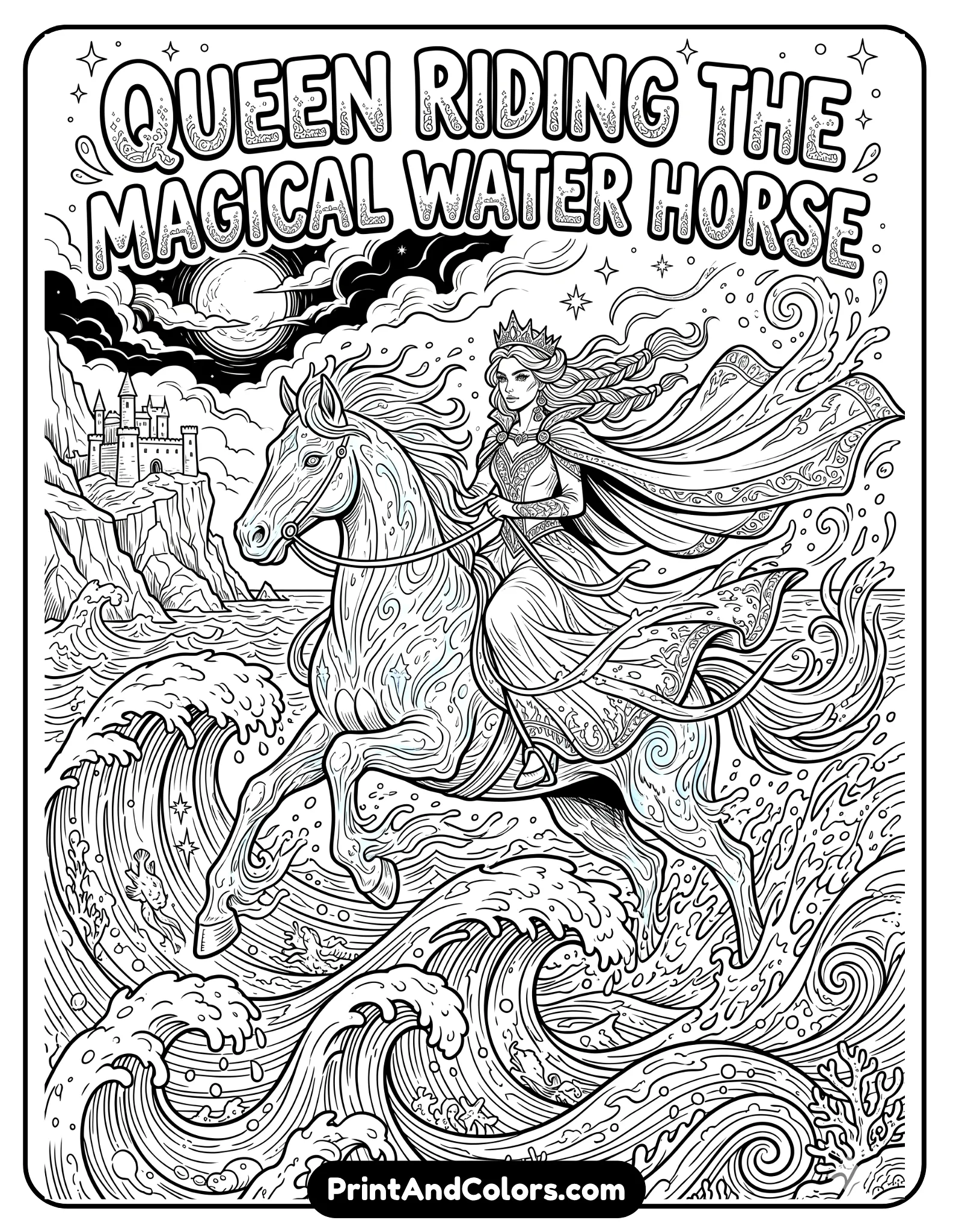 Dynamic black and white coloring page of Elsa riding the magical water horse Nokk across ocean waves, splashing water and magical icy energy surrounding them, flowing hair and cape, fantasy ocean background, detailed printable line art with action-filled movement