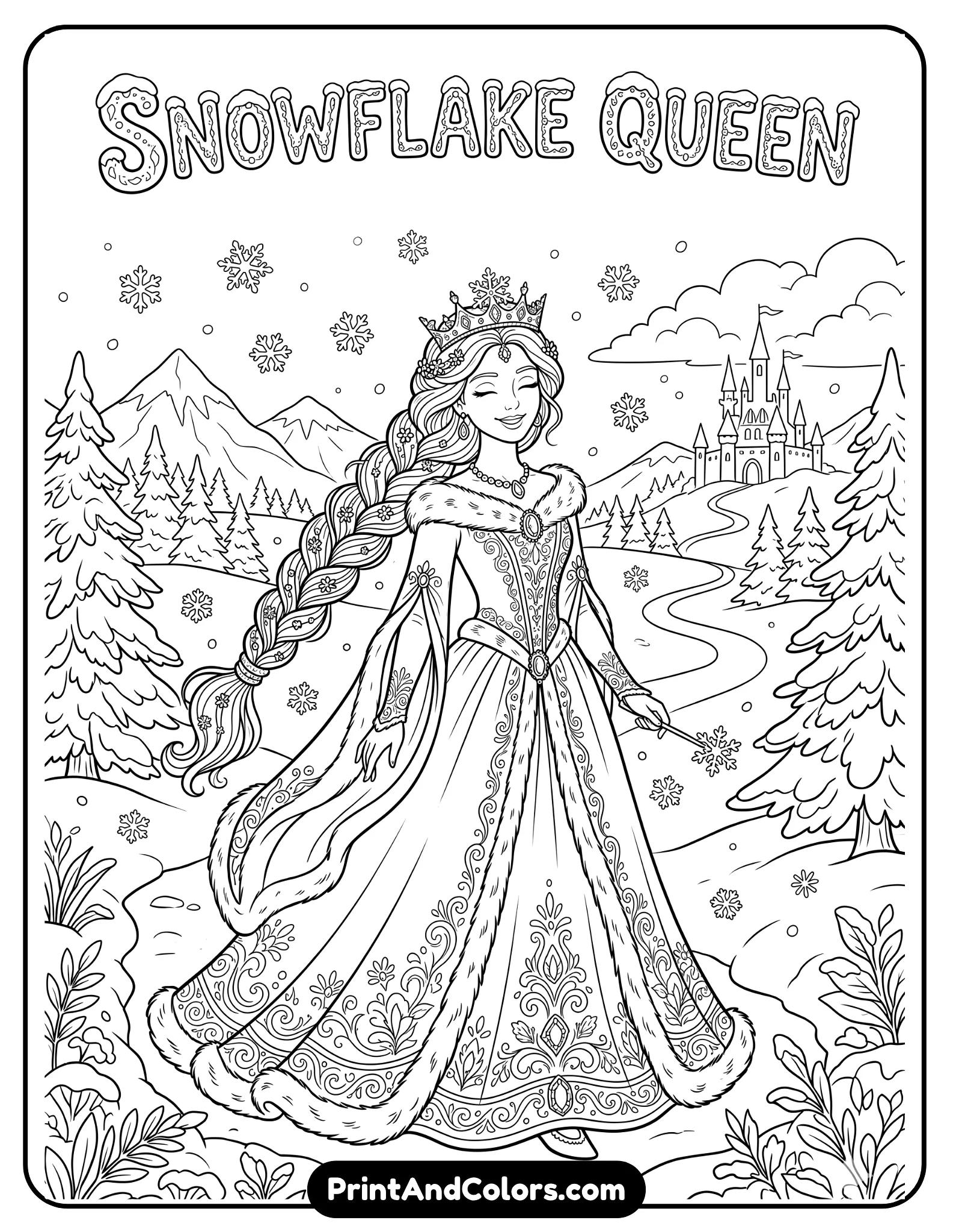 Black and white line art coloring page of Elsa smiling gently while snow falls around her, flowing braid and elegant winter gown, snowflakes drifting in the air, peaceful frozen landscape background, printable coloring page with soft magical atmosphere and crisp outlines