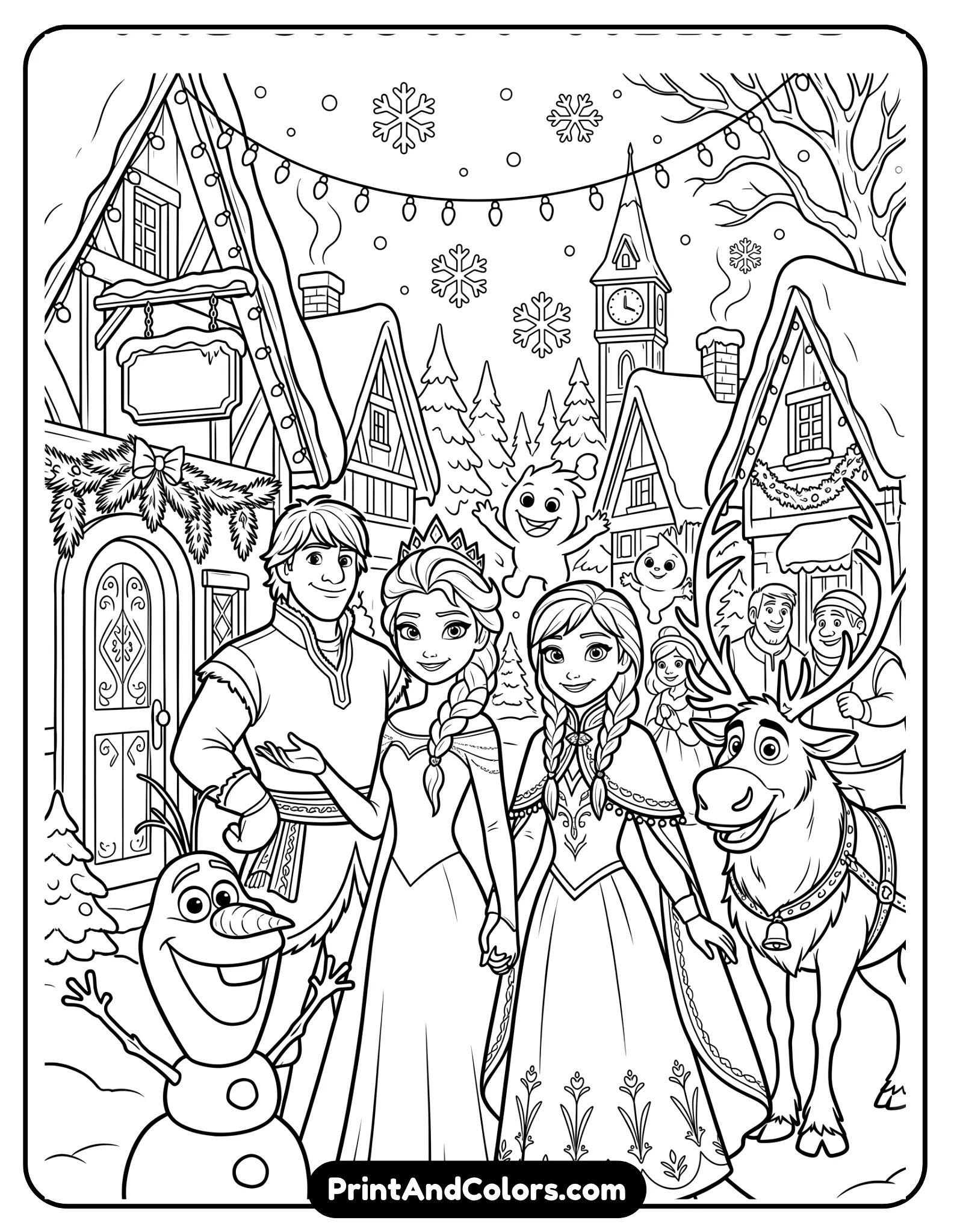 Elsa surrounded by her Frozen friends including Anna, Olaf, Sven, and Kristoff, everyone smiling together in a snowy village, winter decorations and falling snowflakes, black and white printable coloring page with cartoon-style detailed outlines